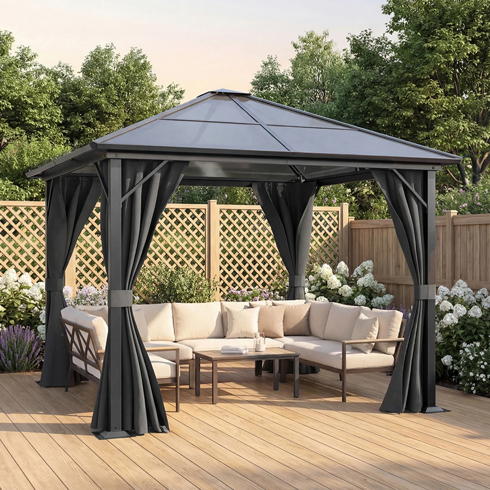 10 x 10FT Metal Frame Hardtop Patio Gazebo with Curtains - Image 2