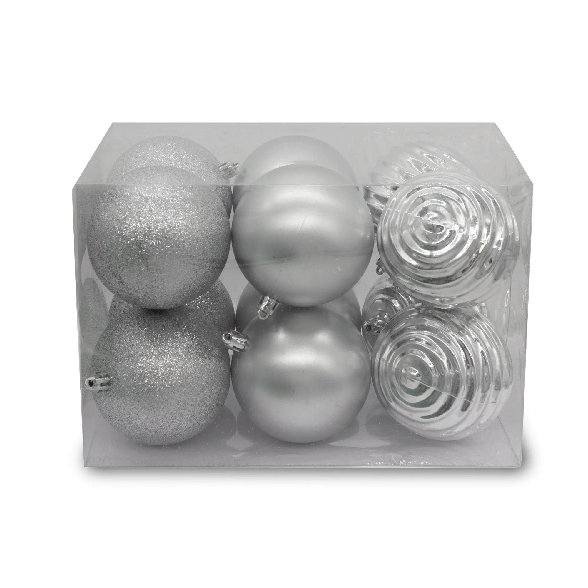 12pc Christmas Baubles Glitter / Matt / Shiny - Silver - Image 2