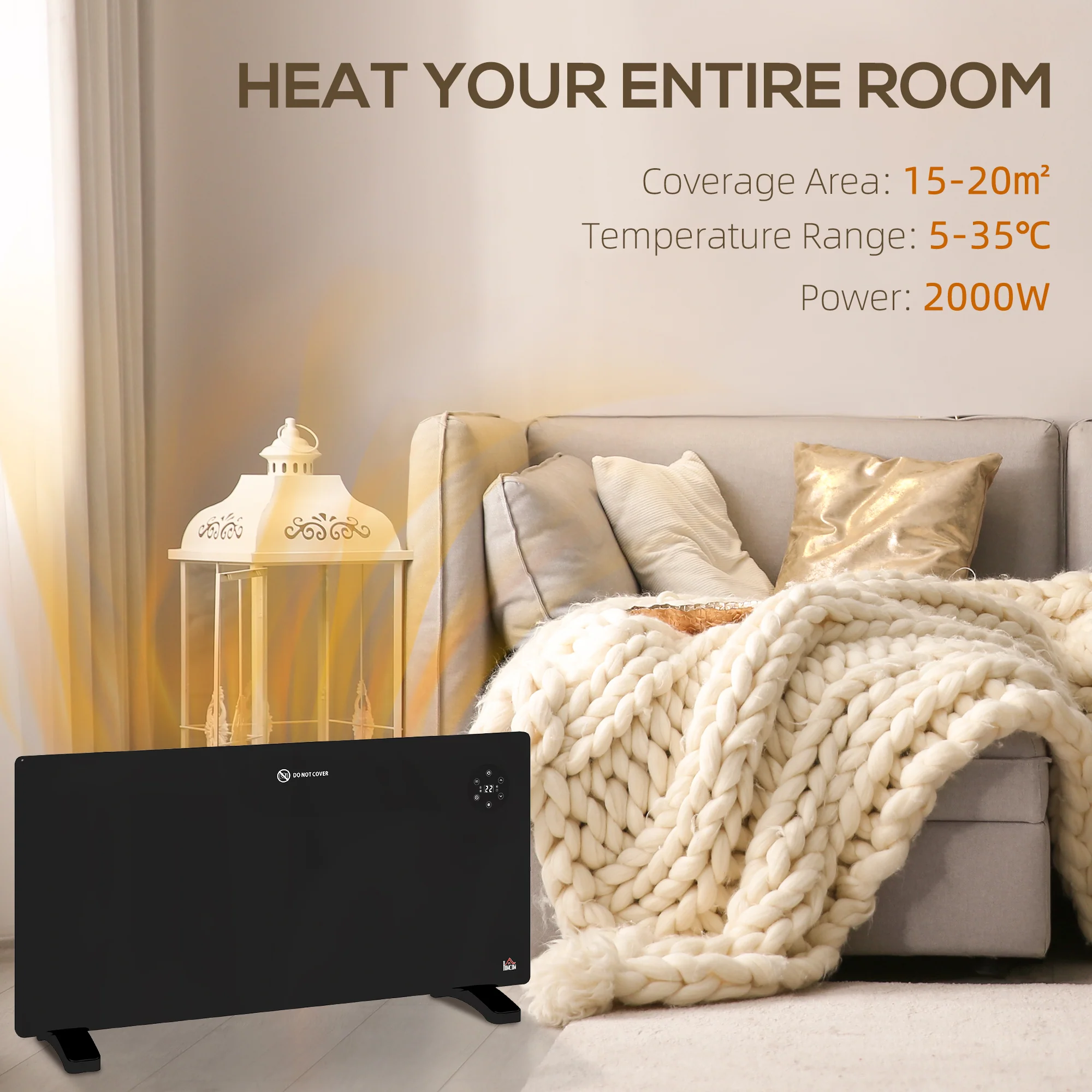 2000W Electric Convector Heater, Quiet Space Heater with LED Display, Black - Image 3
