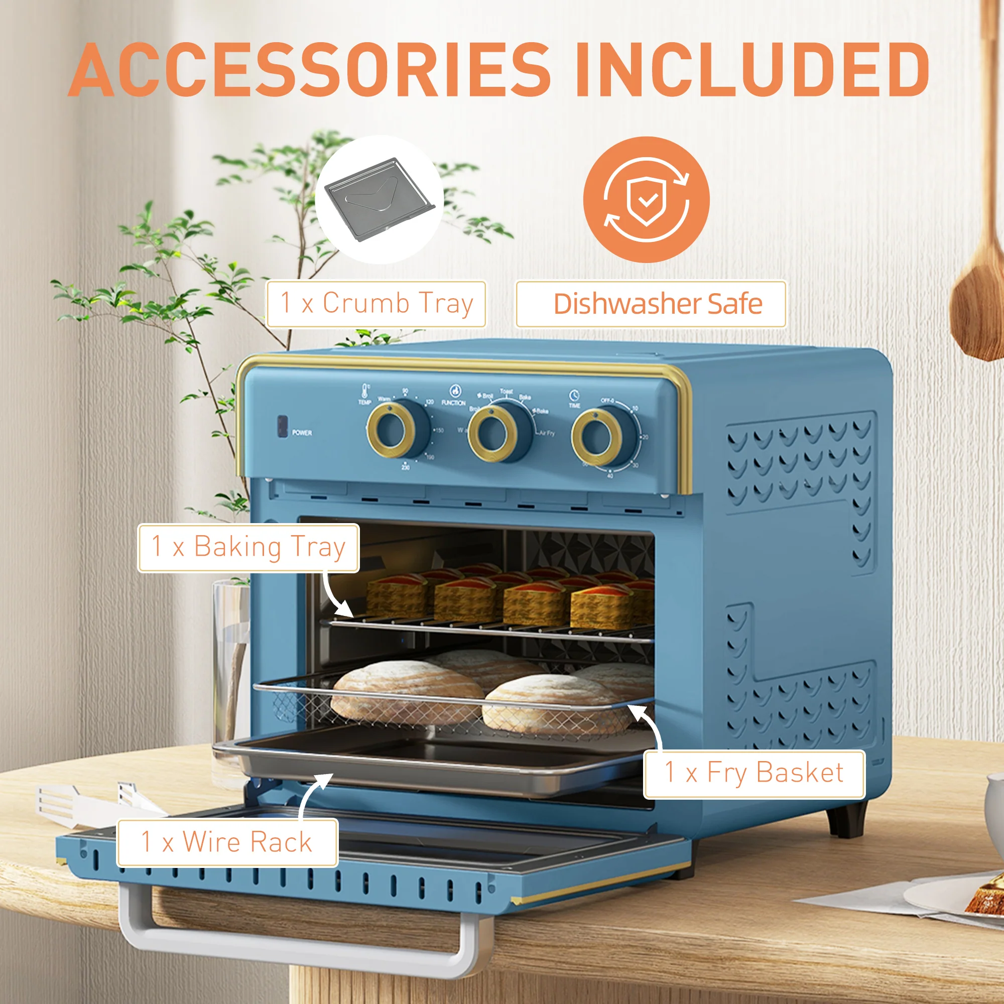 20L Mini Oven Toaster Oven W/ Warm Broil Toast Bake Air Fryer Timer 1400W Blue - Image 6