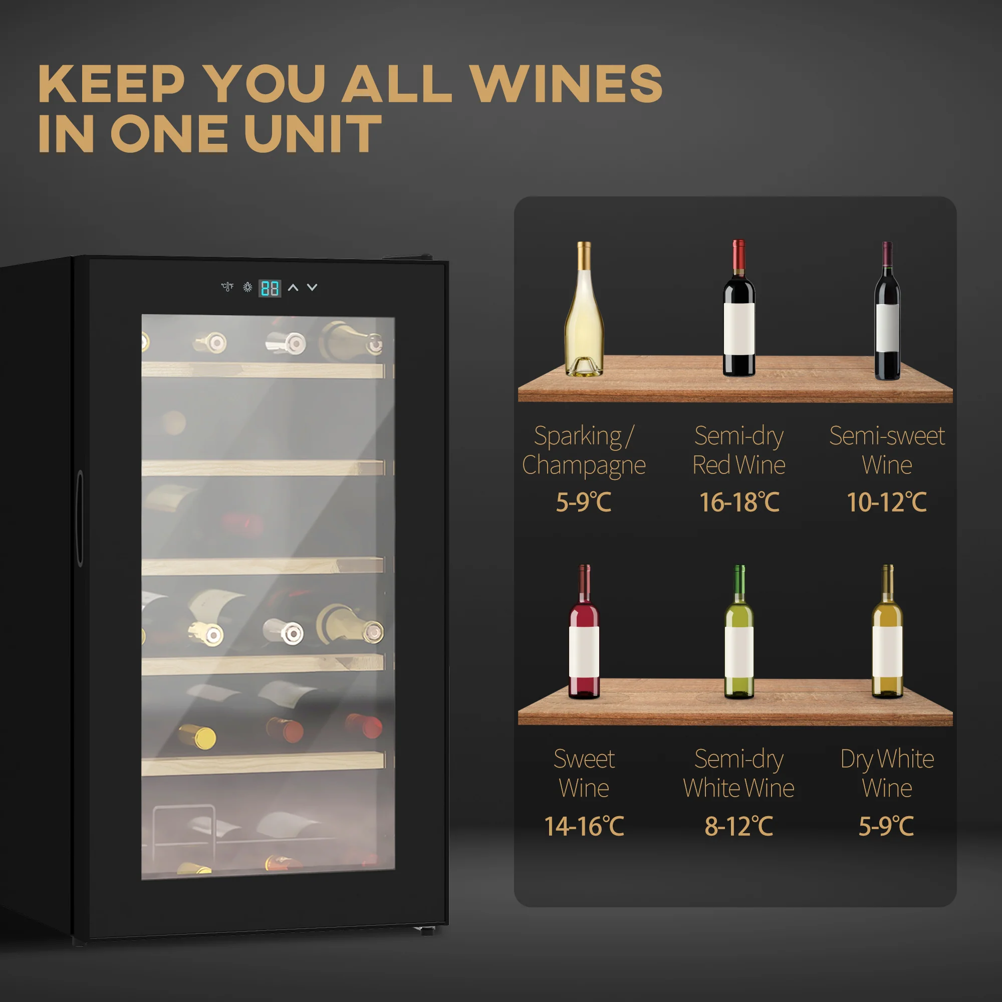 24 Bottles Wine Fridge With Glass Door Digital Touch Screen Control LED Light - Image 3
