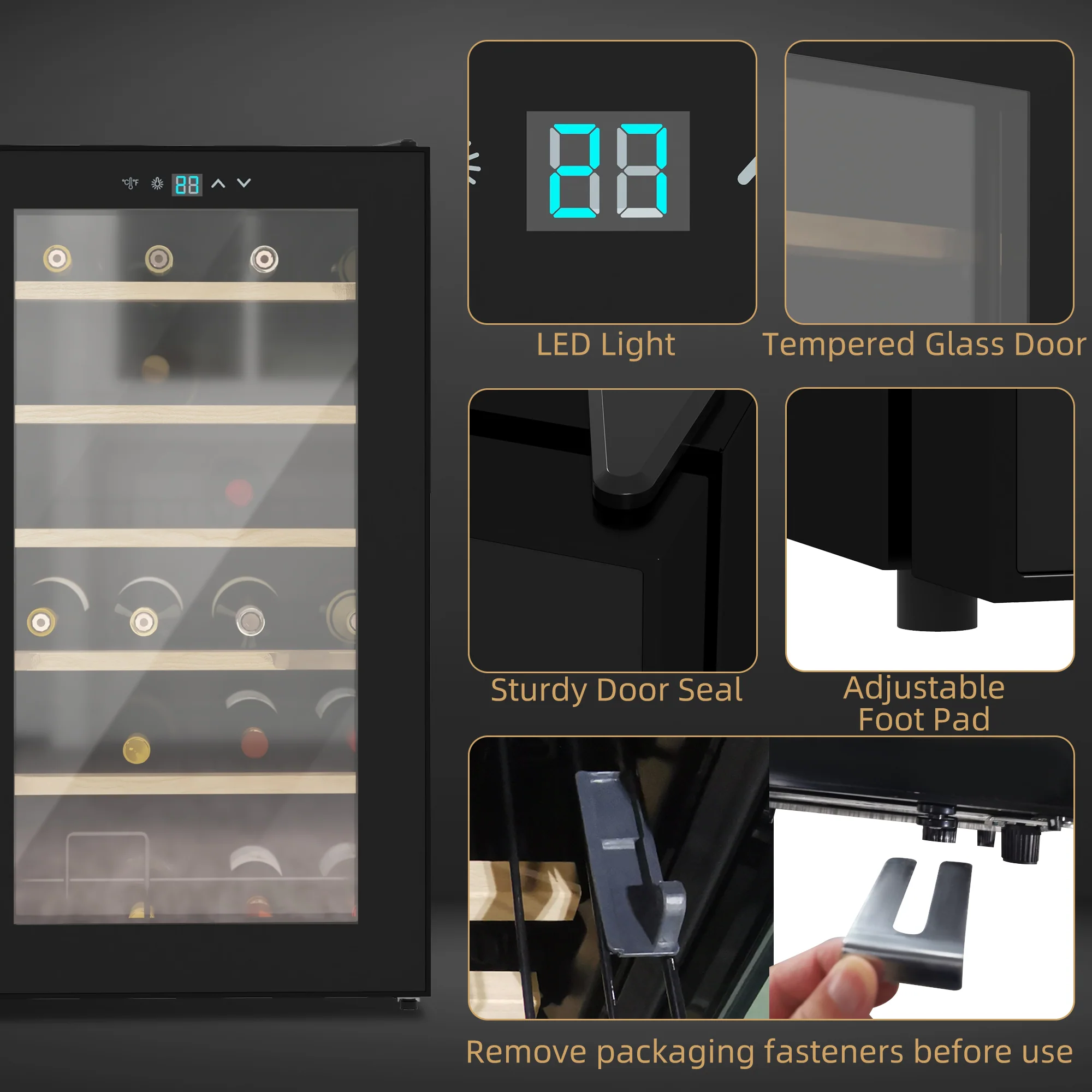 24 Bottles Wine Fridge With Glass Door Digital Touch Screen Control LED Light - Image 4