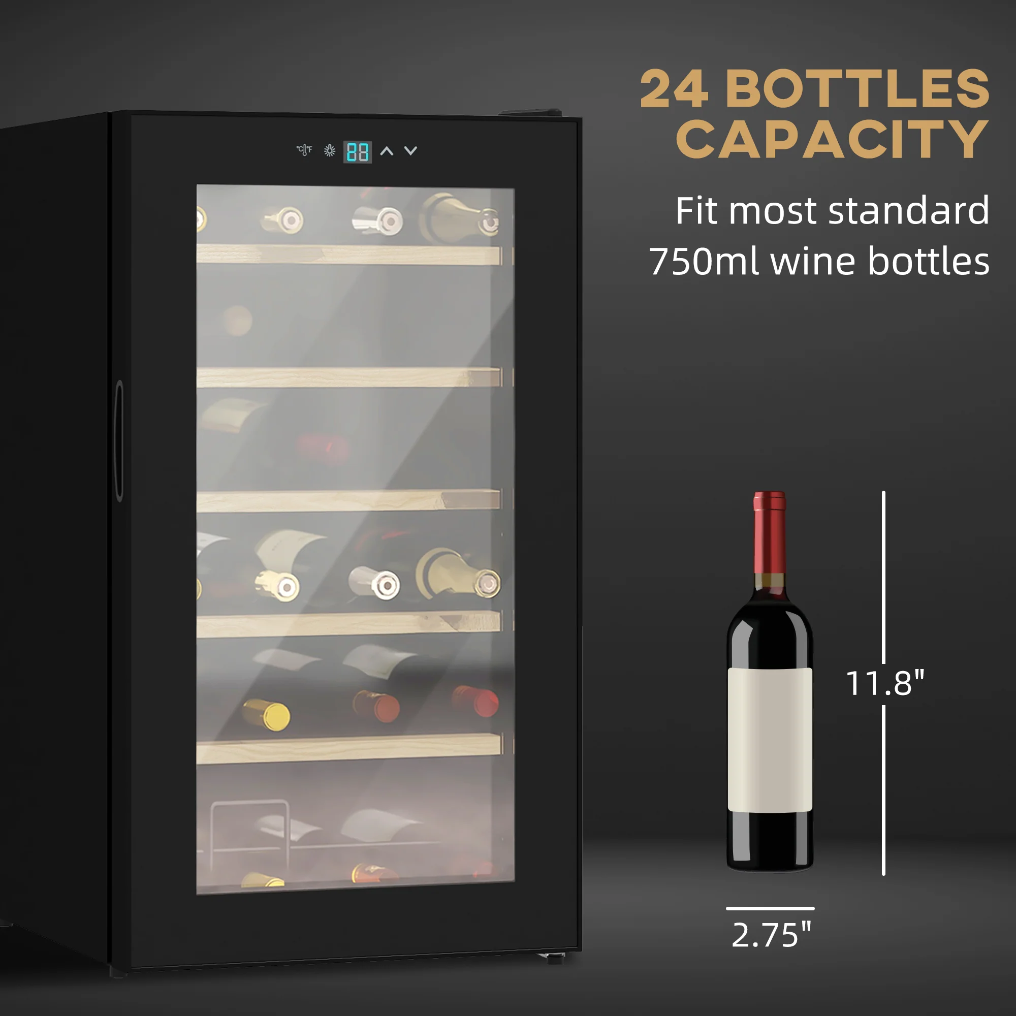 24 Bottles Wine Fridge With Glass Door Digital Touch Screen Control LED Light - Image 7
