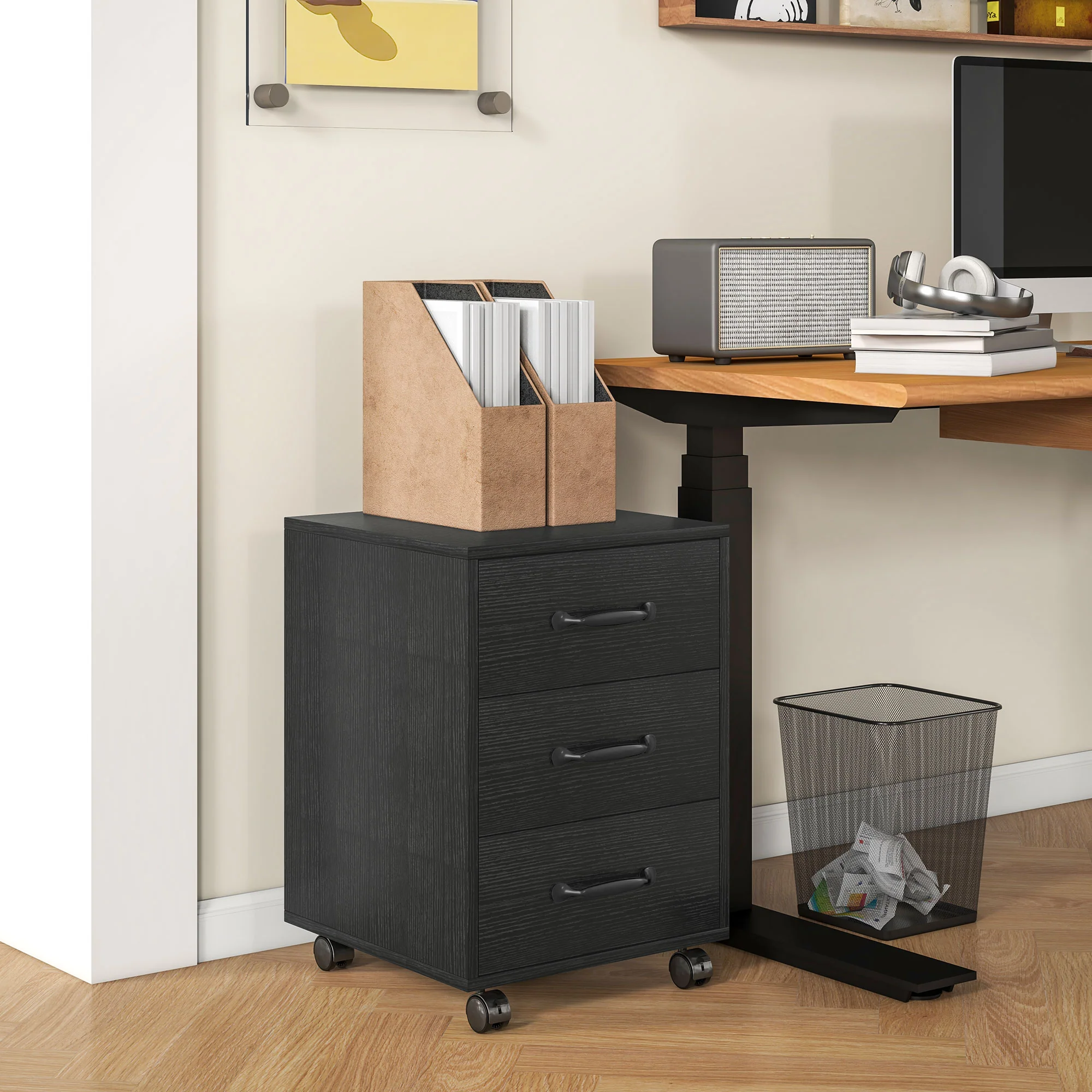 3 Drawer Rolling File Cabinet With Wheels Under Desk Mobile Filing Cabinet - Black/White - Image 11