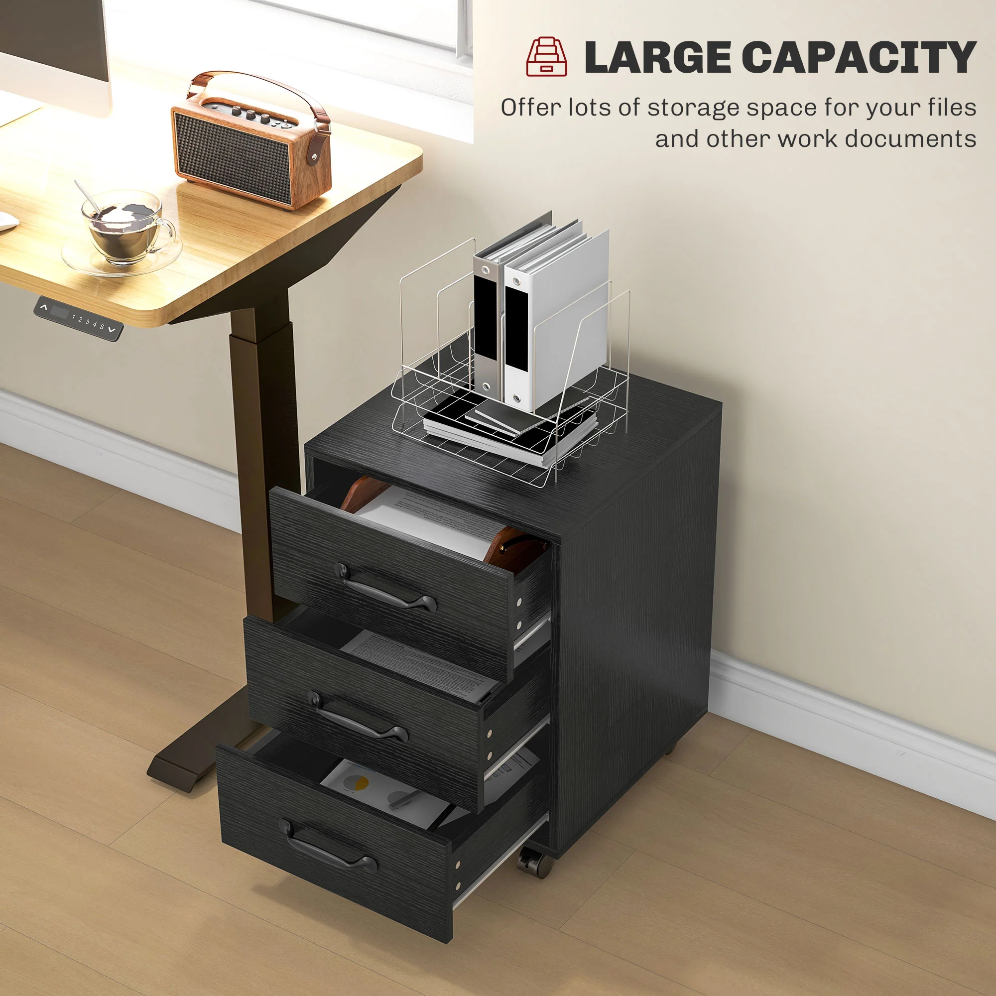 3 Drawer Rolling File Cabinet With Wheels Under Desk Mobile Filing Cabinet - Black/White - Image 12