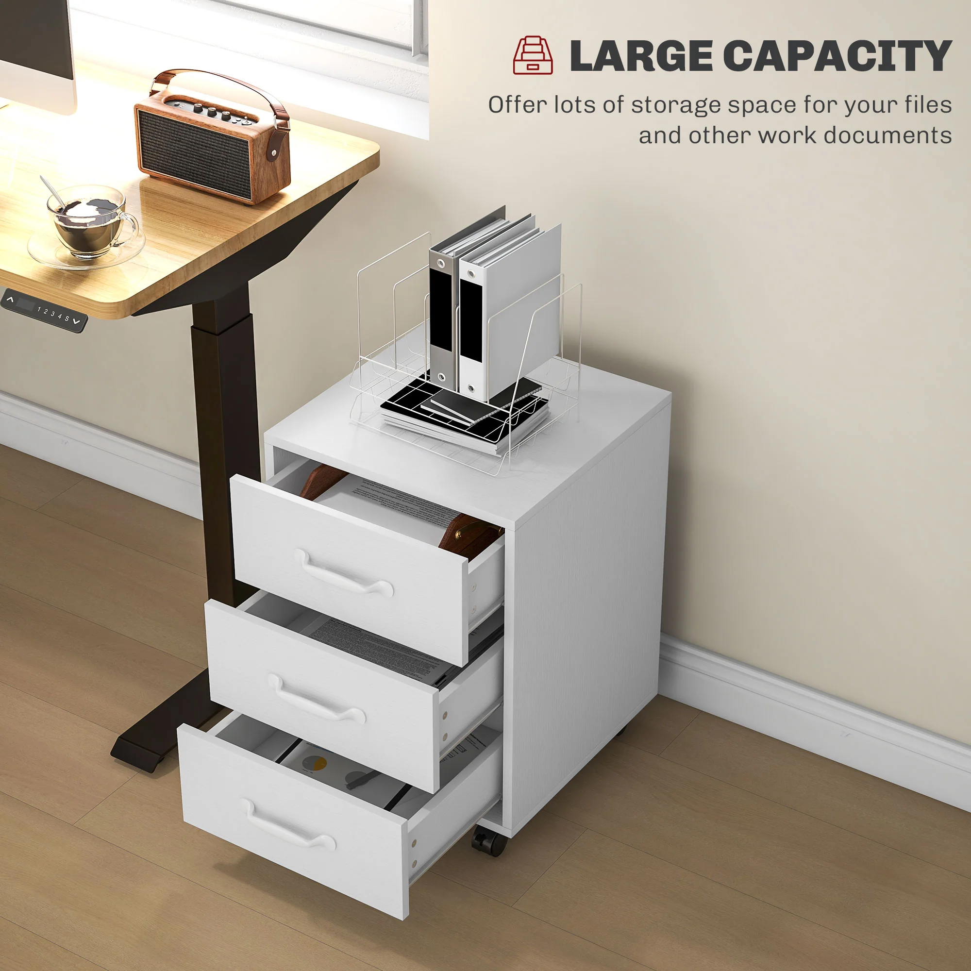 3 Drawer Rolling File Cabinet With Wheels Under Desk Mobile Filing Cabinet - Black/White - Image 3