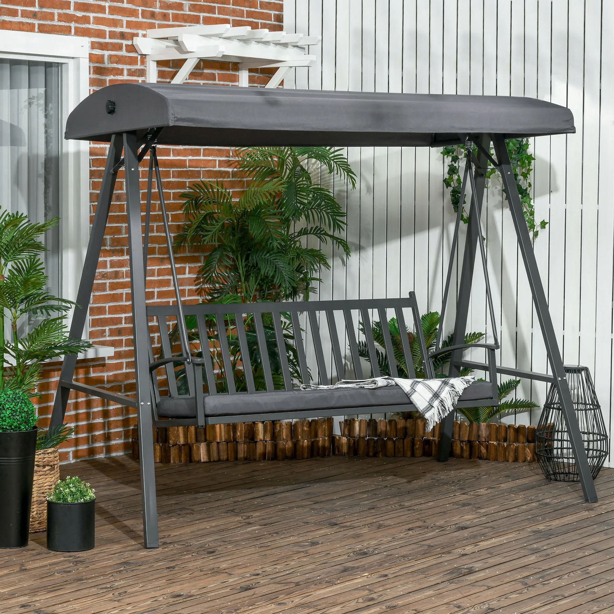 3-Seat Garden Swing Chair, Outdoor Canopy Swing Glider with Removable Cushion - Image 2