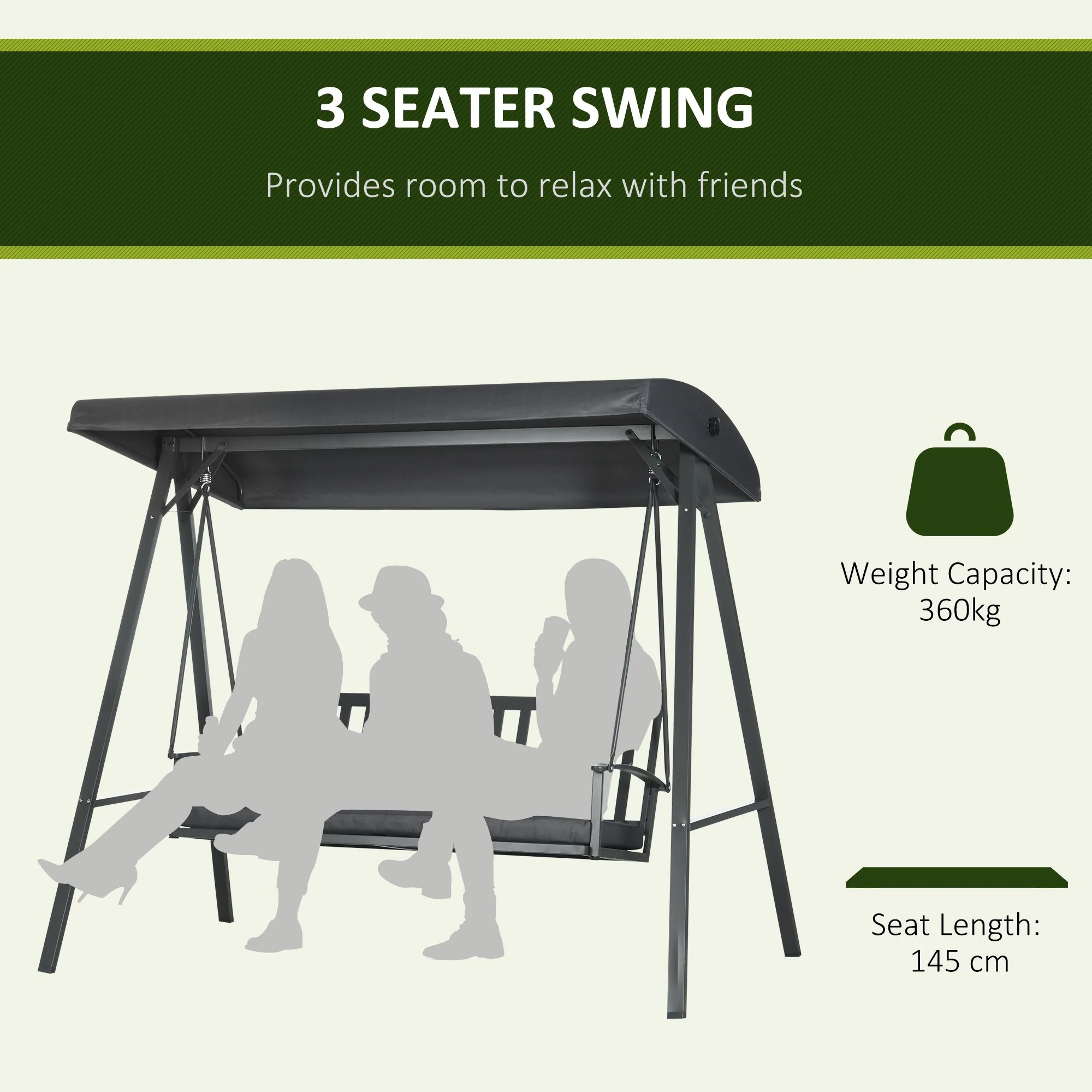 3-Seat Garden Swing Chair, Outdoor Canopy Swing Glider with Removable Cushion - Image 3