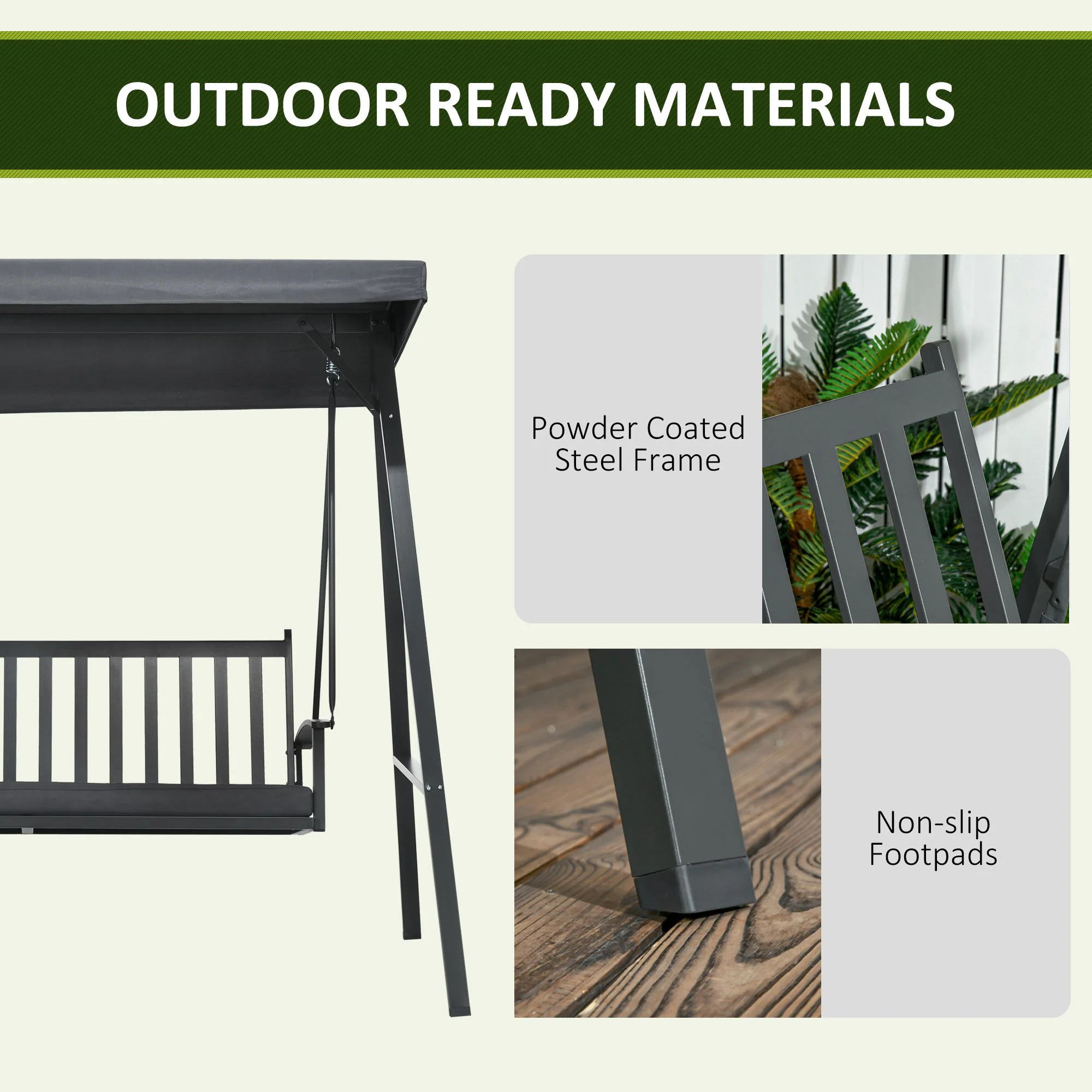 3-Seat Garden Swing Chair, Outdoor Canopy Swing Glider with Removable Cushion - Image 6