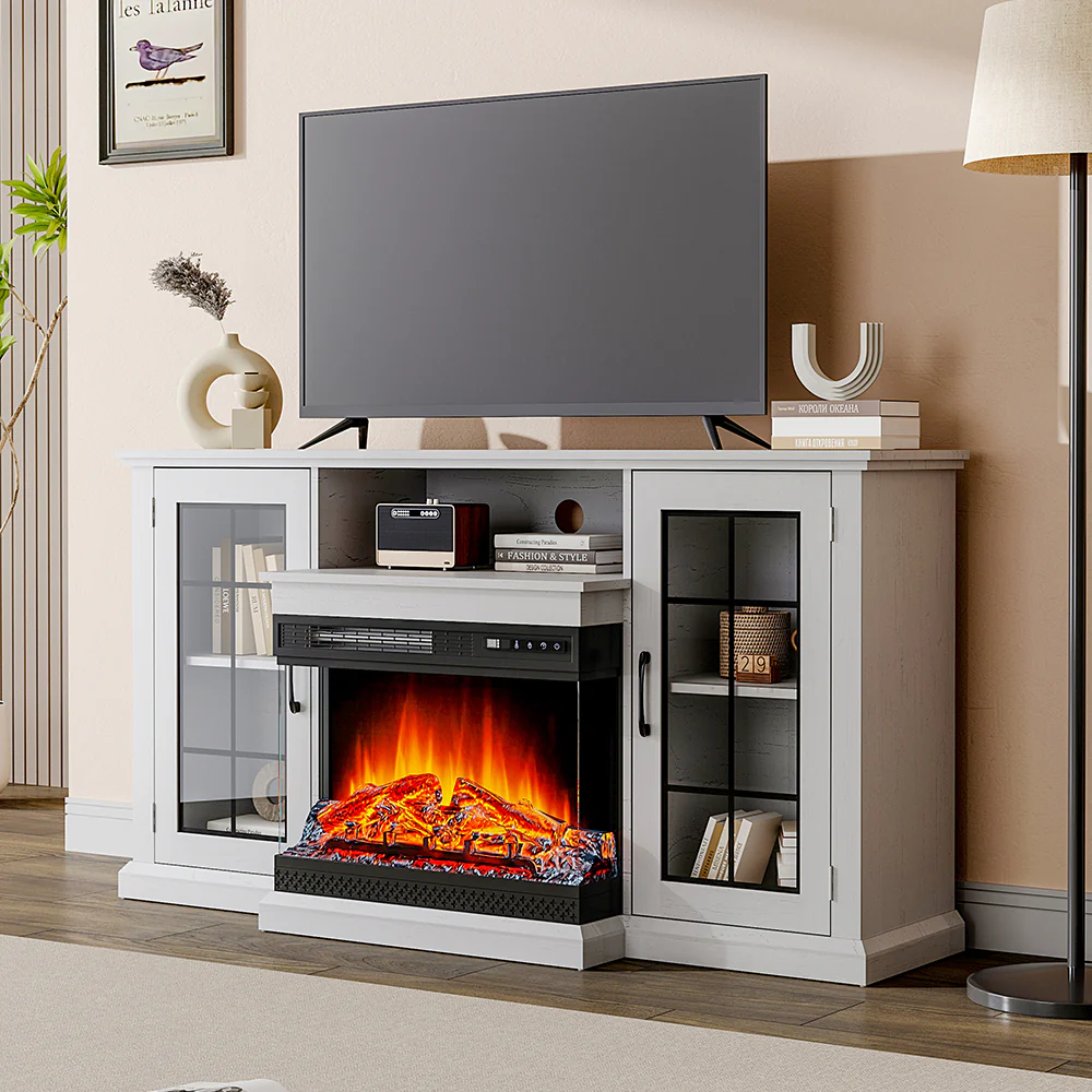 3-Sided Electric Fireplace TV Stand With Glass Door Closed Storage