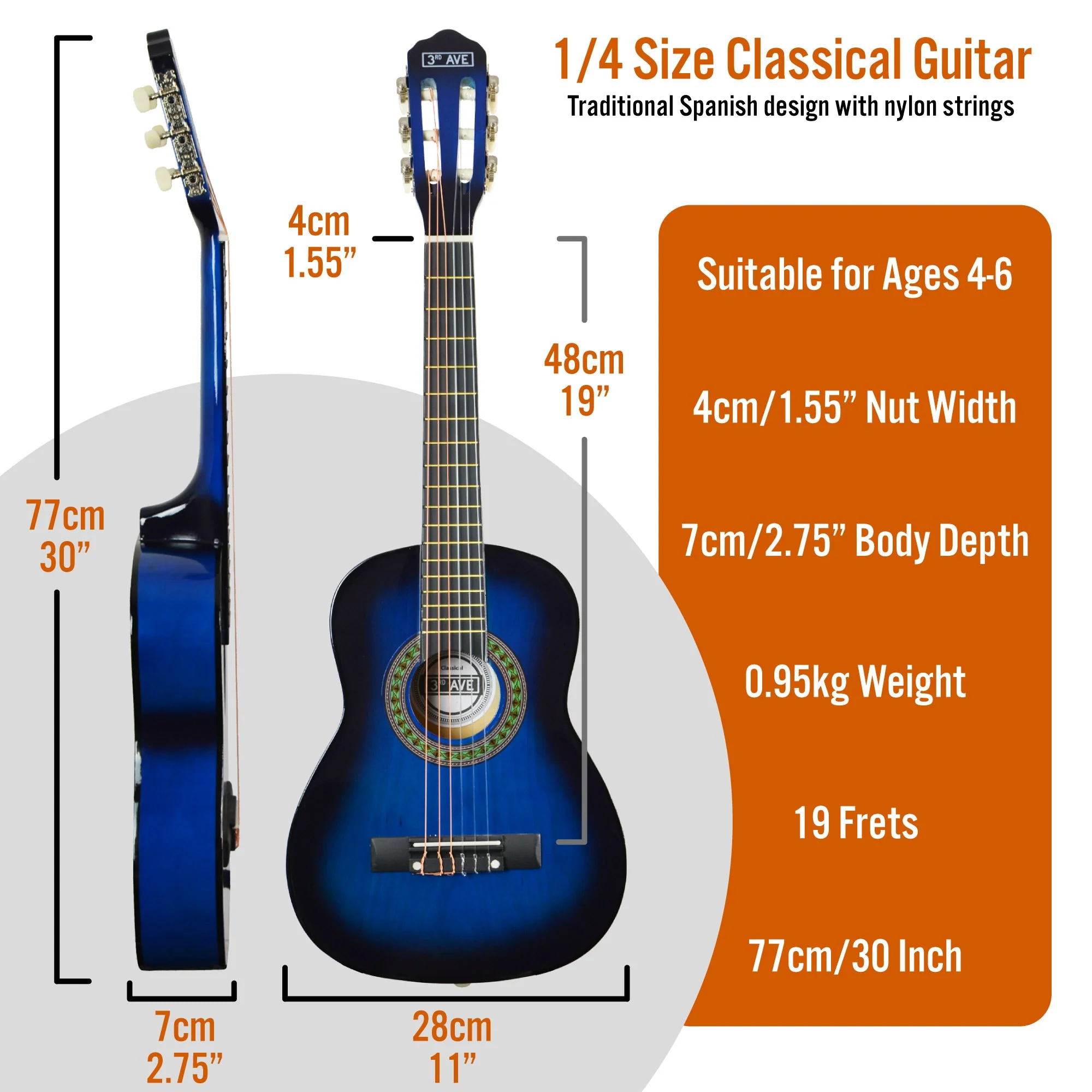 3rd Avenue 1/4 Size Classical Guitar Pack - Blueburst - Image 2