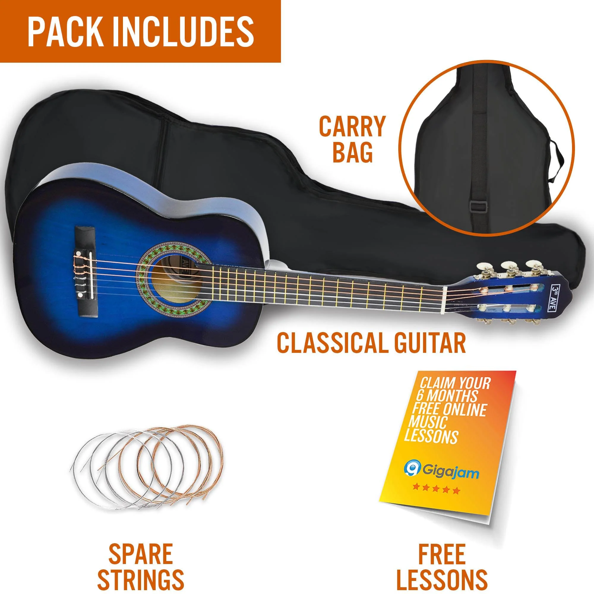 3rd Avenue 1/4 Size Classical Guitar Pack - Blueburst - Image 3