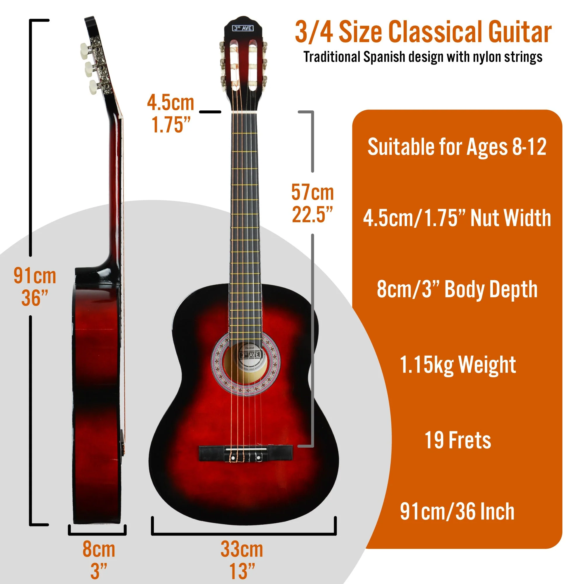 3rd Avenue 3/4 Size Classical Guitar Pack - Redburst - Image 2