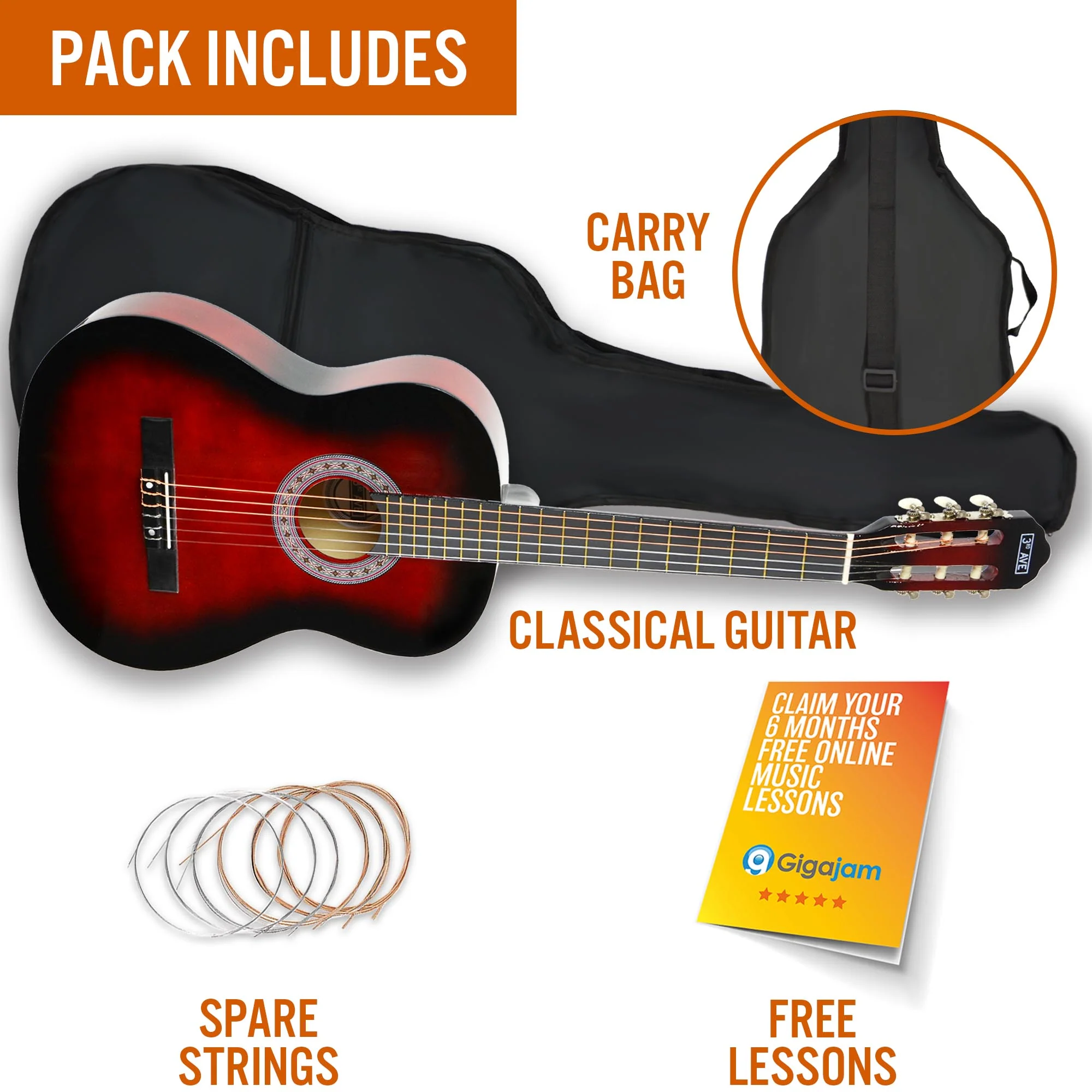 3rd Avenue 3/4 Size Classical Guitar Pack - Redburst - Image 3