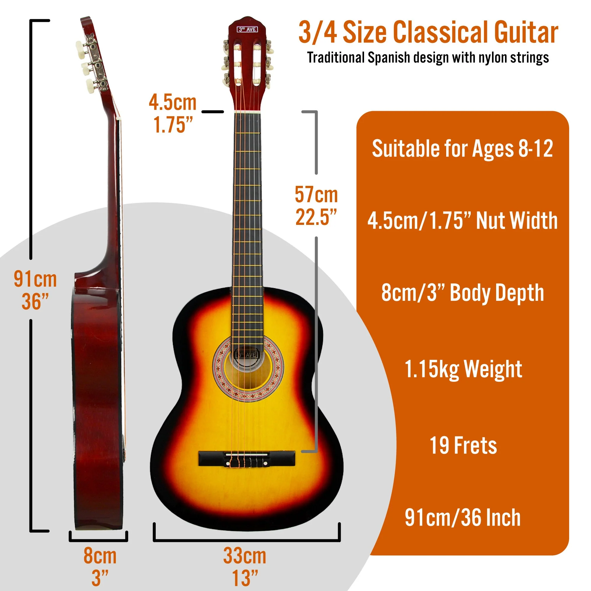 3rd Avenue 3/4 Size Classical Guitar Pack - Sunburst - Image 2