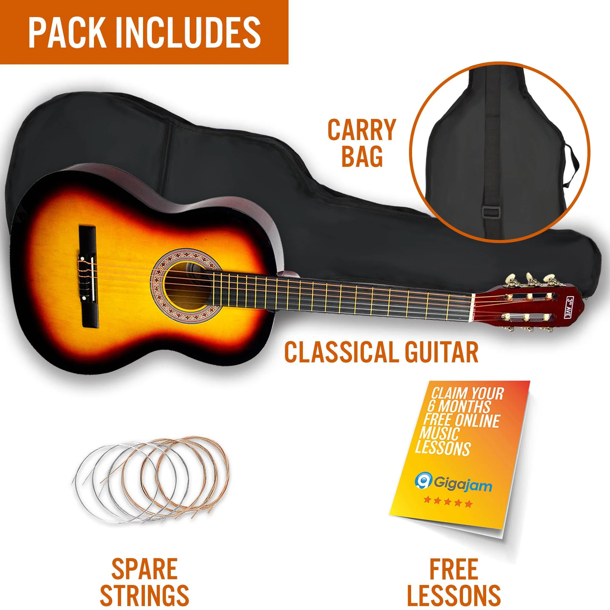 3rd Avenue 3/4 Size Classical Guitar Pack - Sunburst - Image 3