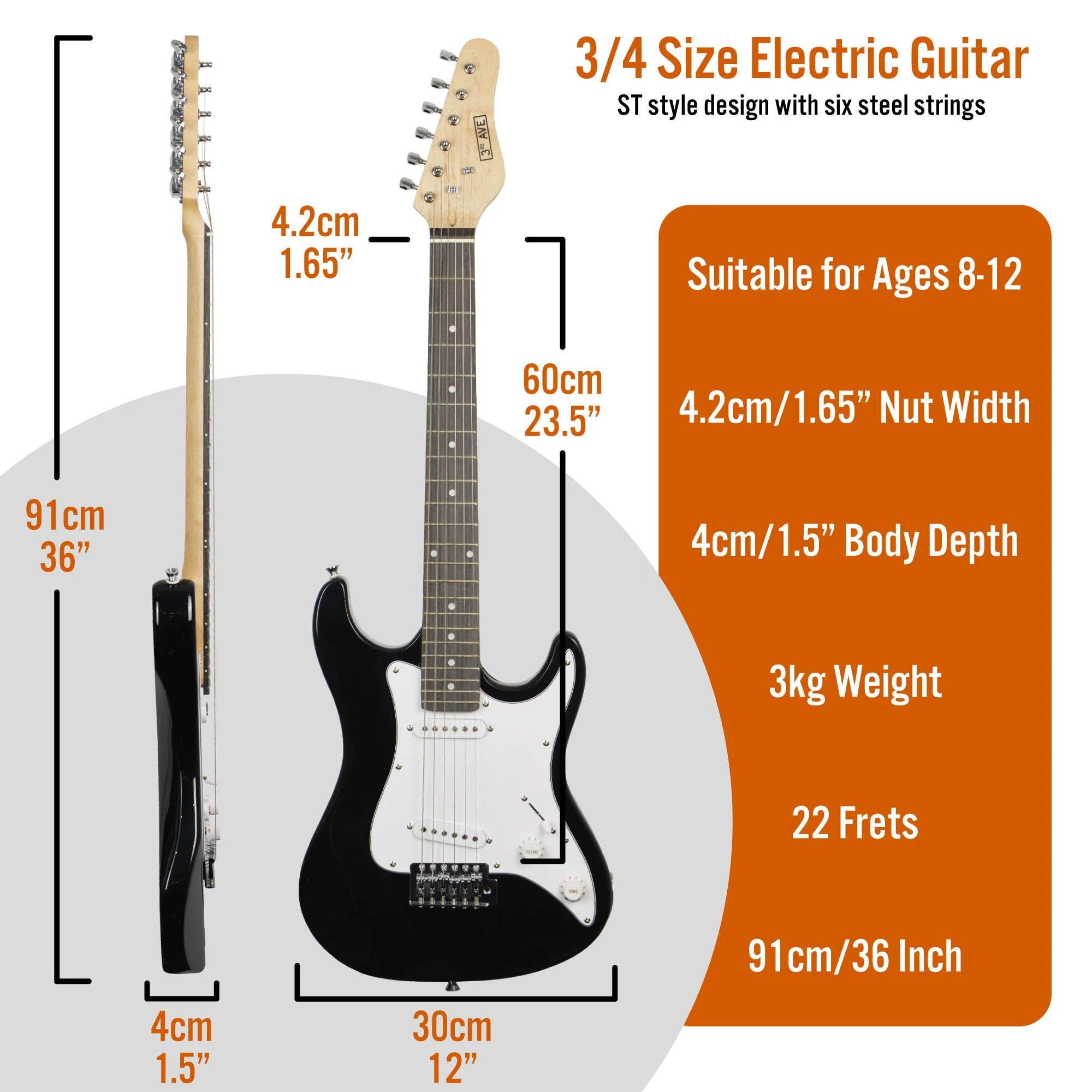 3rd Avenue 3/4 Size Electric Guitar Starter Pack - Black - Image 2