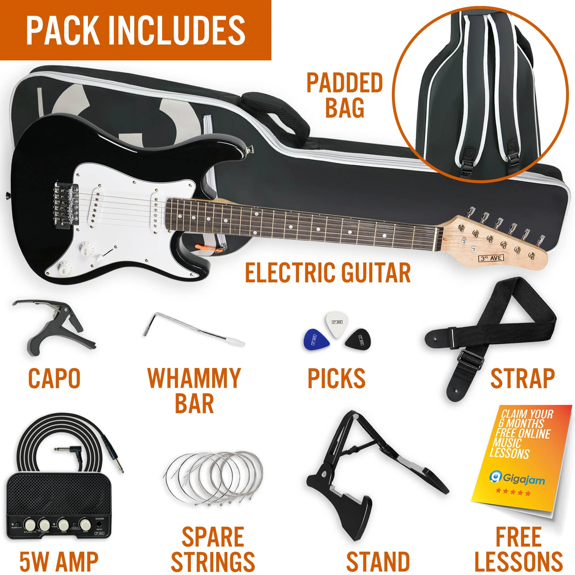 3rd Avenue 3/4 Size Electric Guitar Starter Pack - Black - Image 3