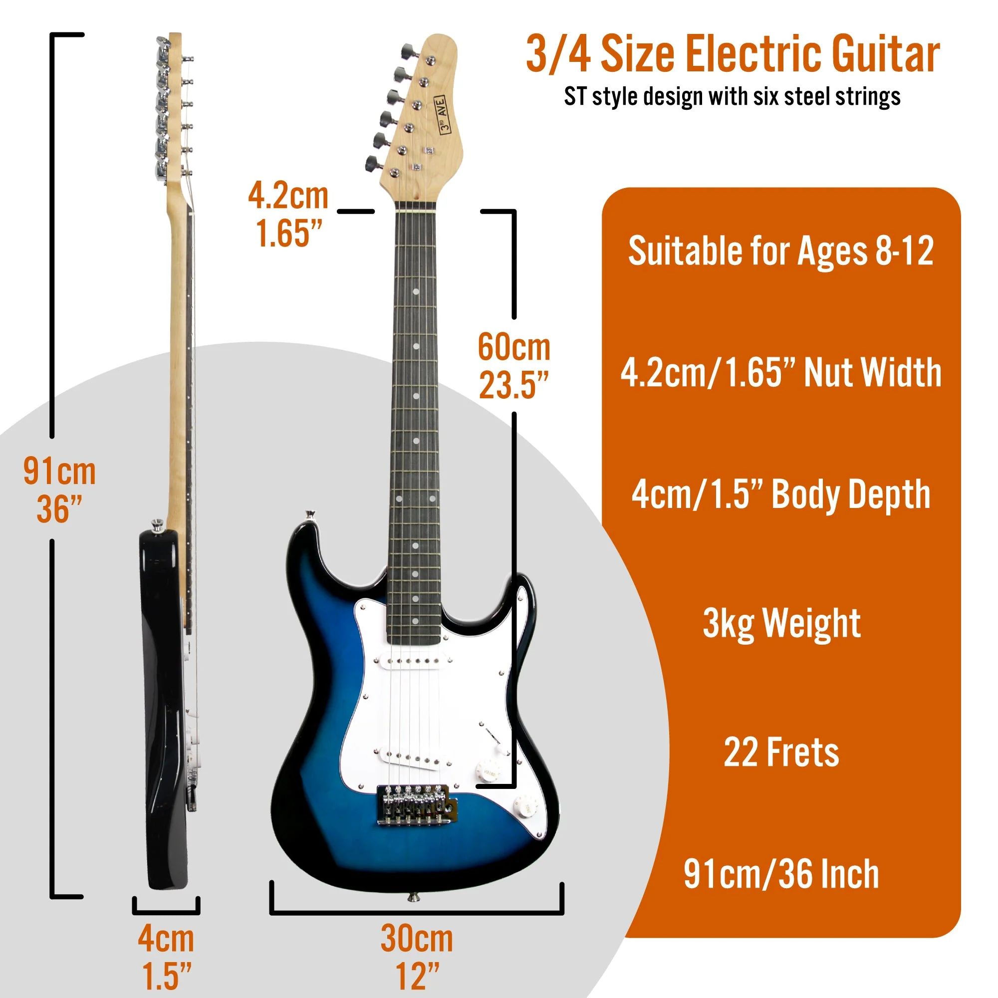 3rd Avenue 3/4 Size Electric Guitar Starter Pack - Blueburst - Image 2