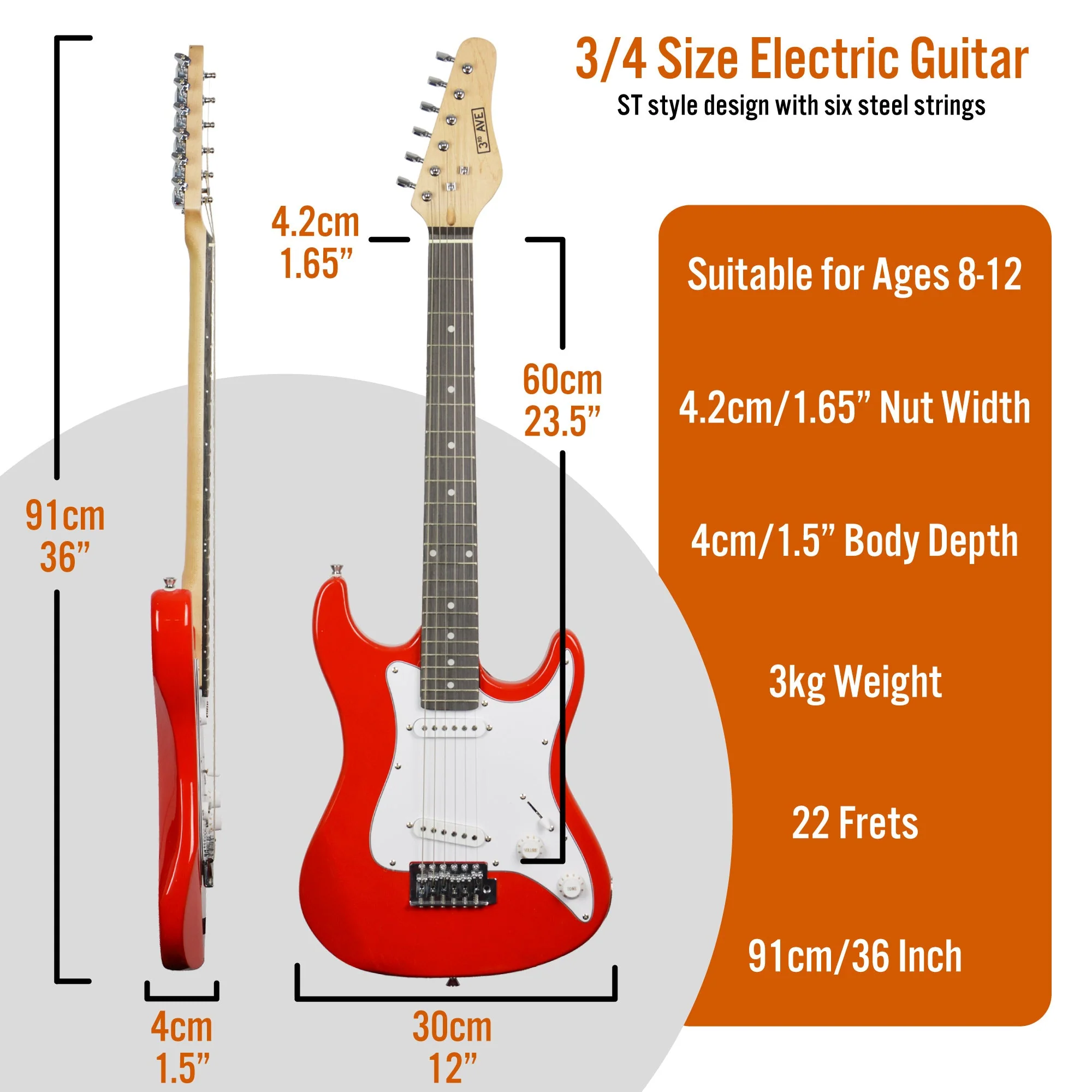 3rd Avenue 3/4 Size Electric Guitar Starter Pack - Red - Image 2