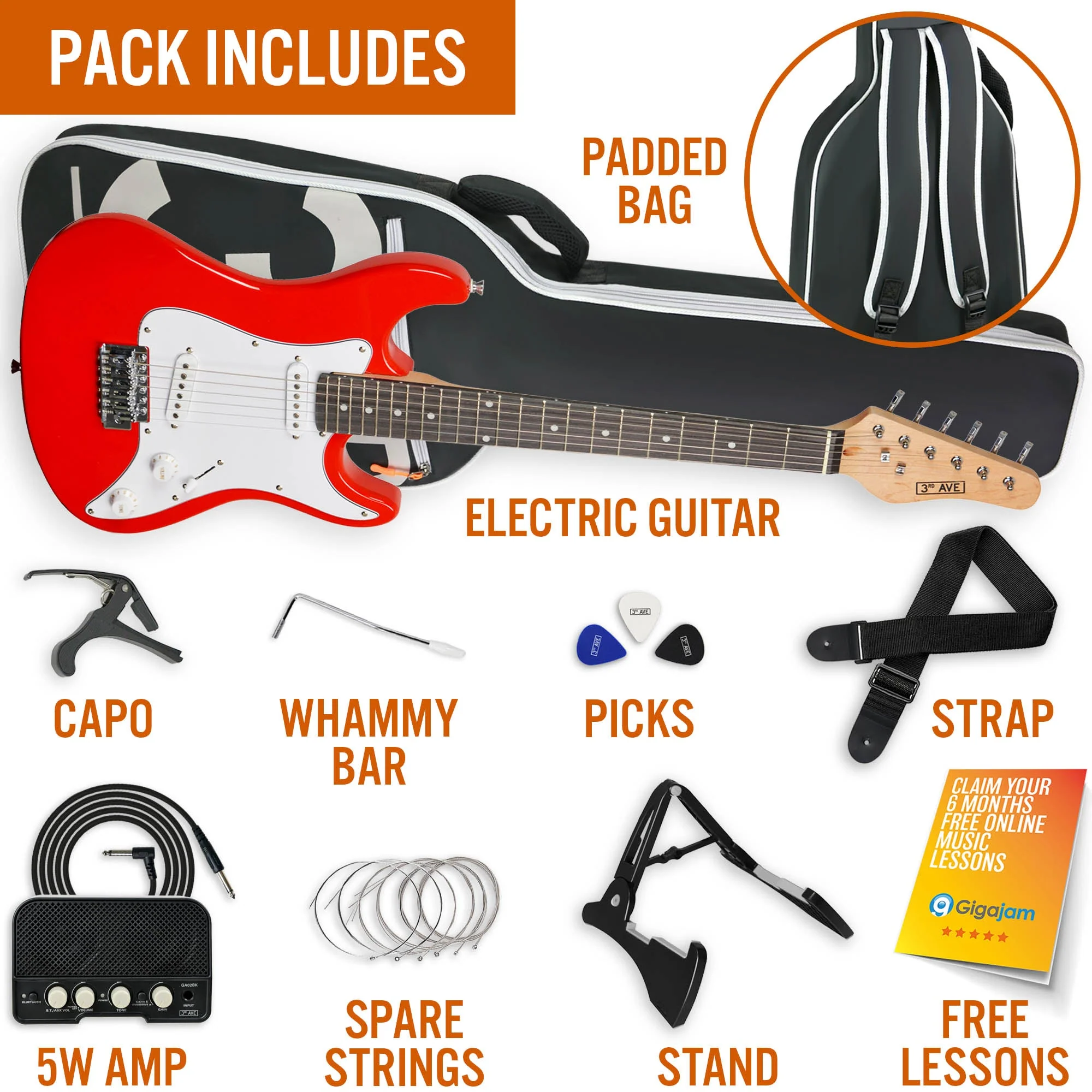 3rd Avenue 3/4 Size Electric Guitar Starter Pack - Red - Image 3