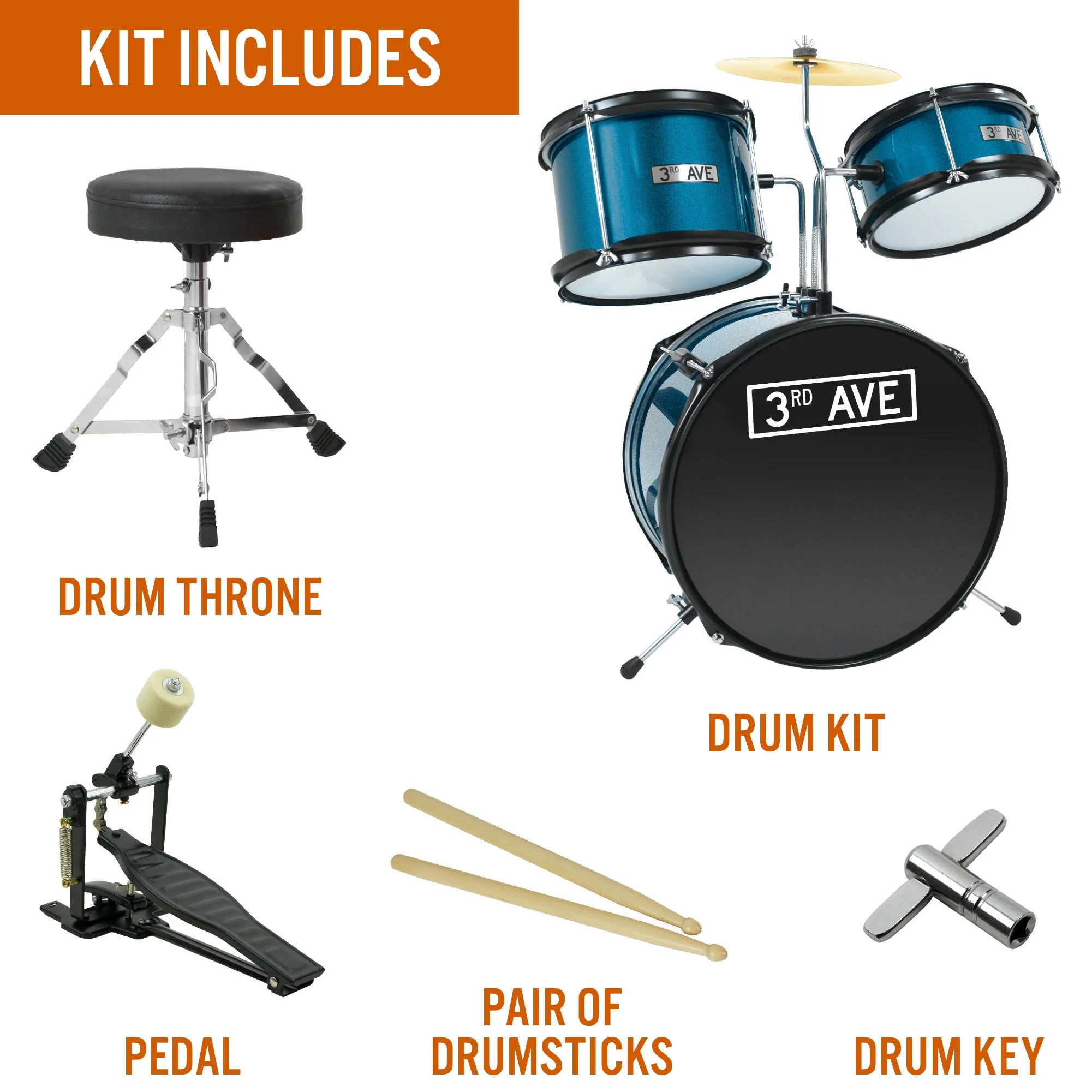 3rd Avenue 3 Piece Beginner Drum Kit - Metallic Blue - Image 3