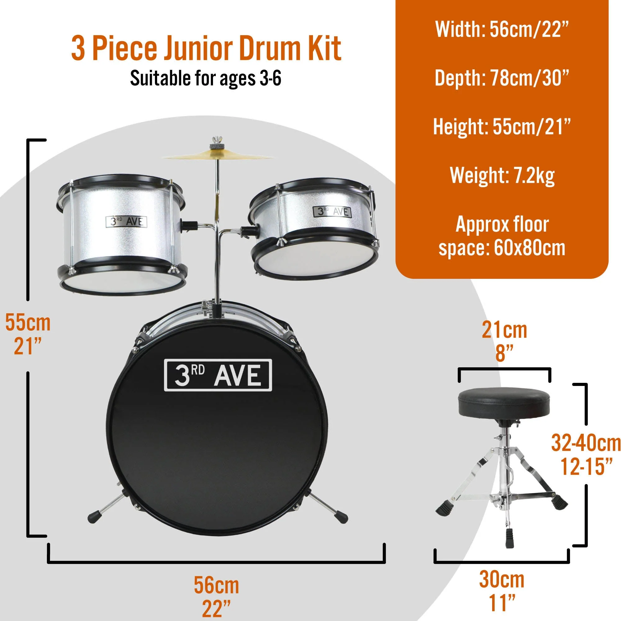 3rd Avenue 3 Piece Junior Drum Kit - Silver - Image 2