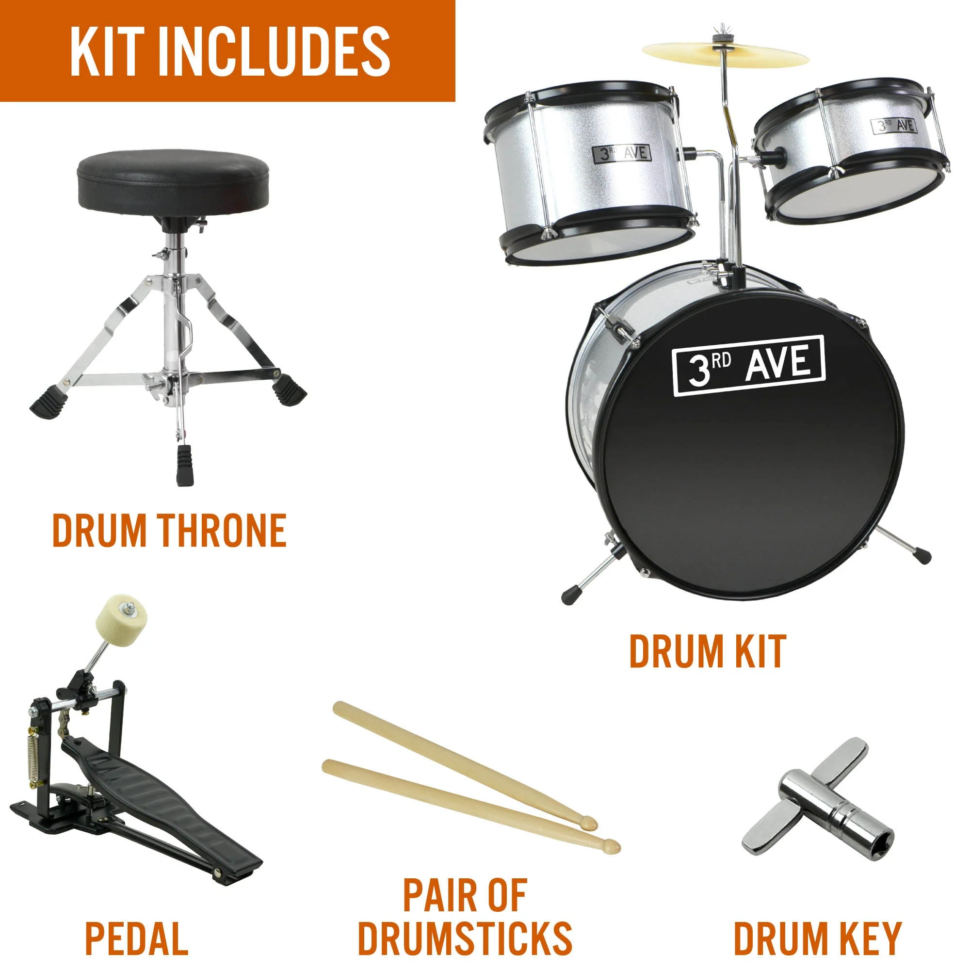 3rd Avenue 3 Piece Junior Drum Kit - Silver - Image 3