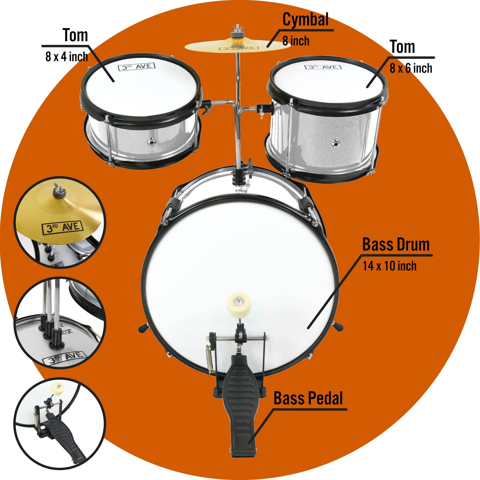 3rd Avenue 3 Piece Junior Drum Kit - Silver - Image 4