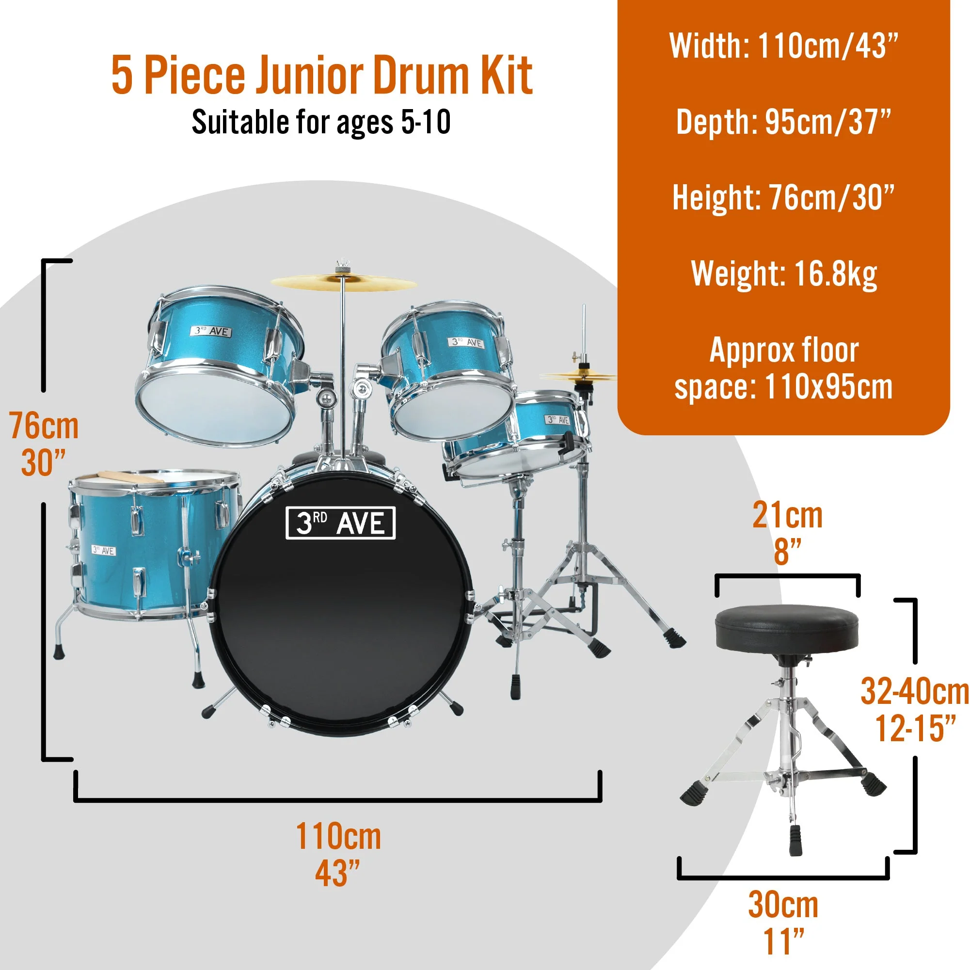 3rd Avenue 5 Piece Junior Drum Kit - Metallic Blue - Image 2