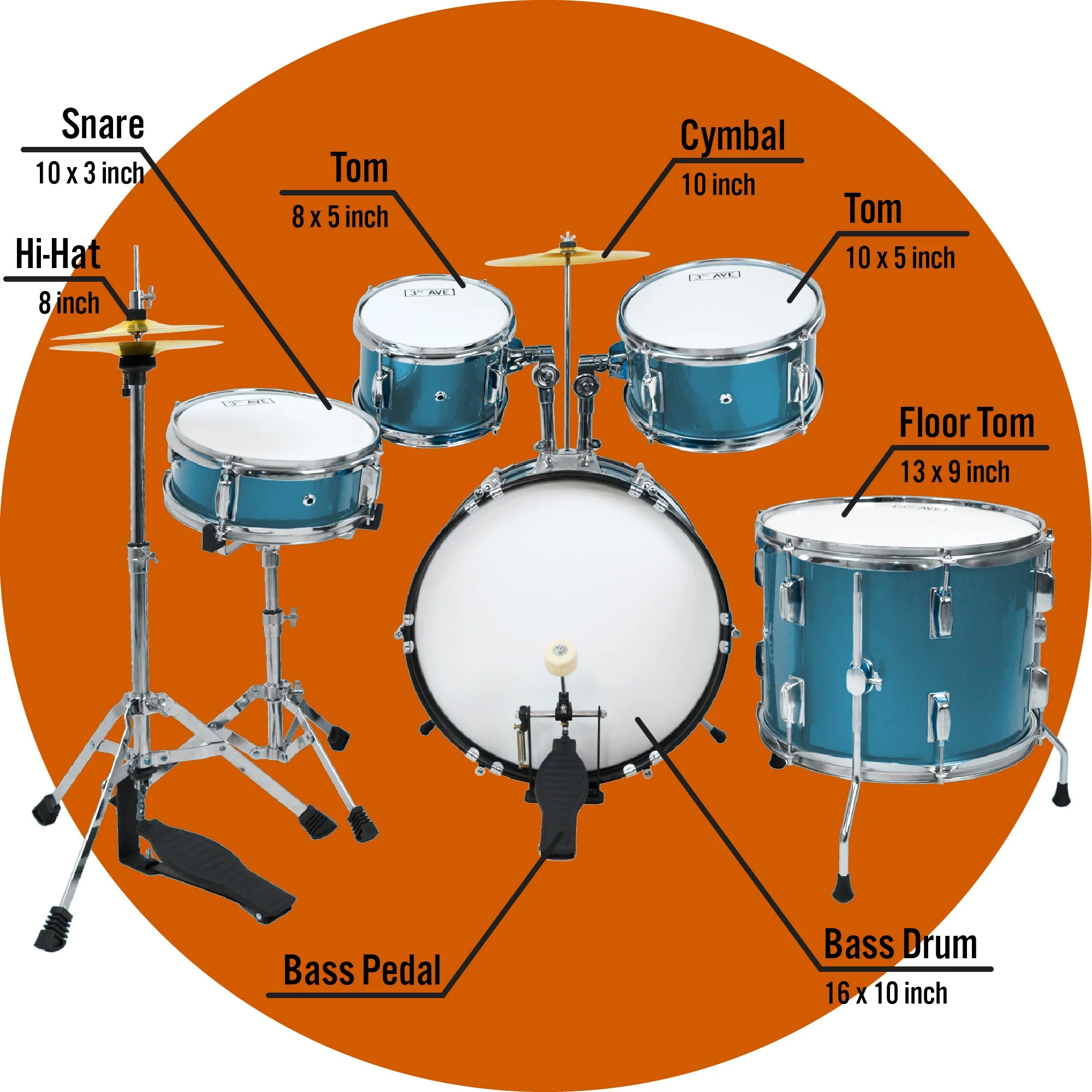 3rd Avenue 5 Piece Junior Drum Kit - Metallic Blue - Image 4
