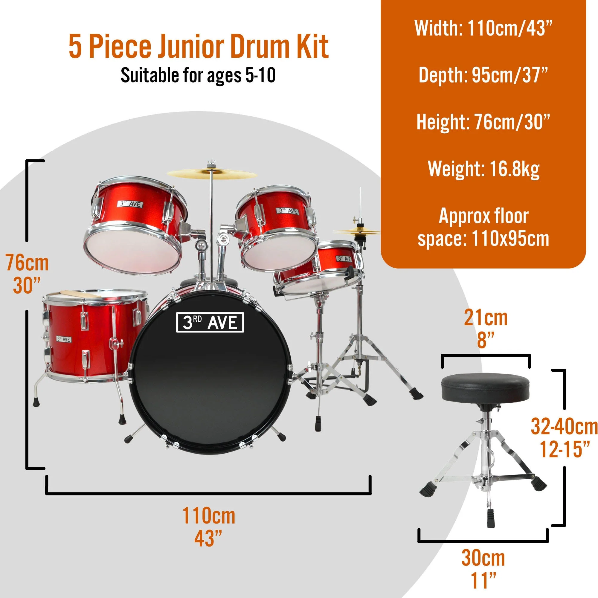 3rd Avenue 5 Piece Junior Drum Kit - Red - Image 2