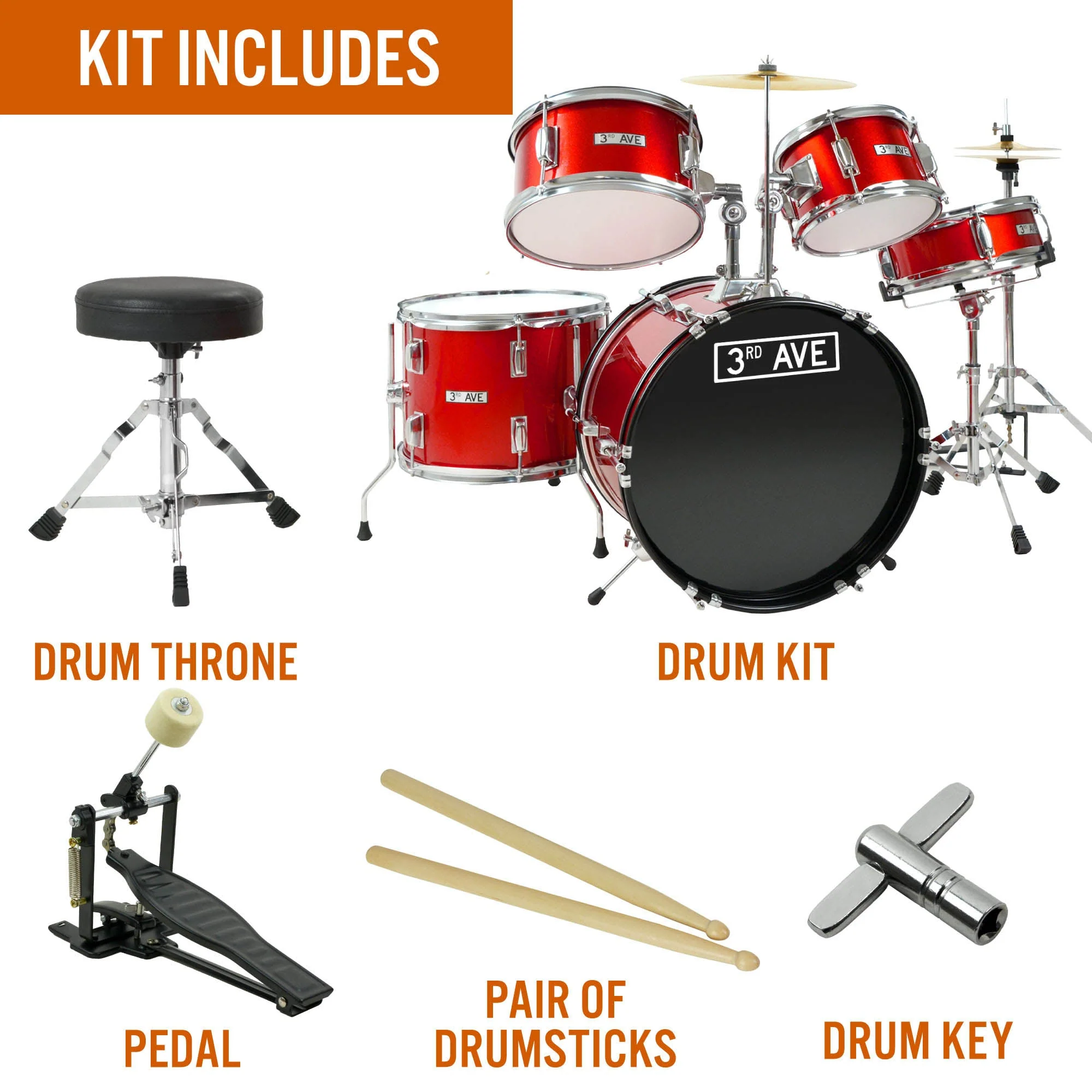 3rd Avenue 5 Piece Junior Drum Kit - Red - Image 3