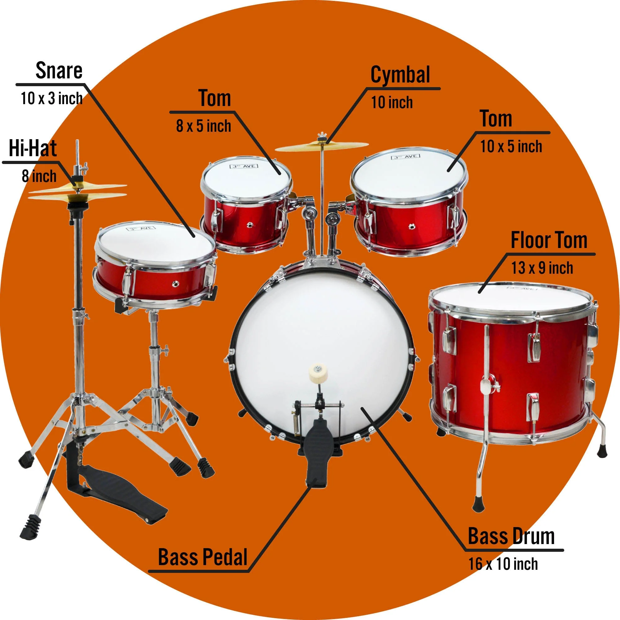 3rd Avenue 5 Piece Junior Drum Kit - Red - Image 4