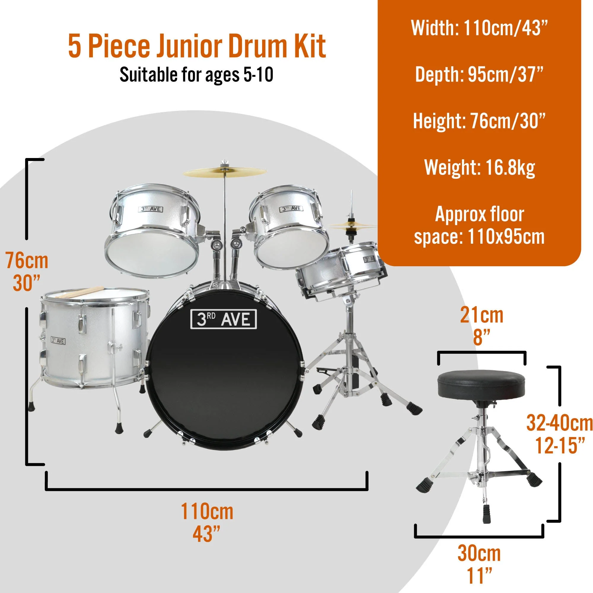 3rd Avenue 5 Piece Junior Drum Kit - Silver - Image 2