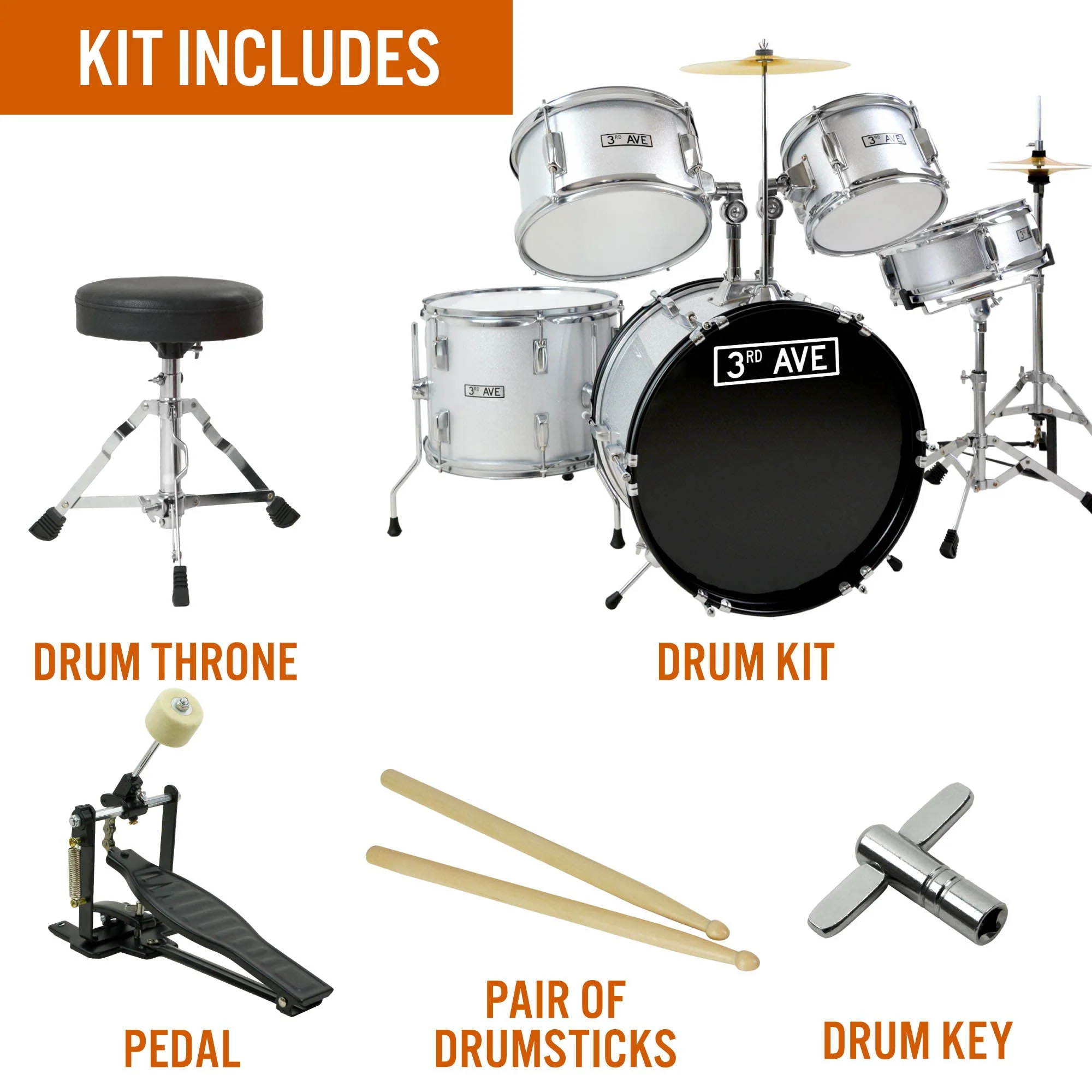 3rd Avenue 5 Piece Junior Drum Kit - Silver - Image 3