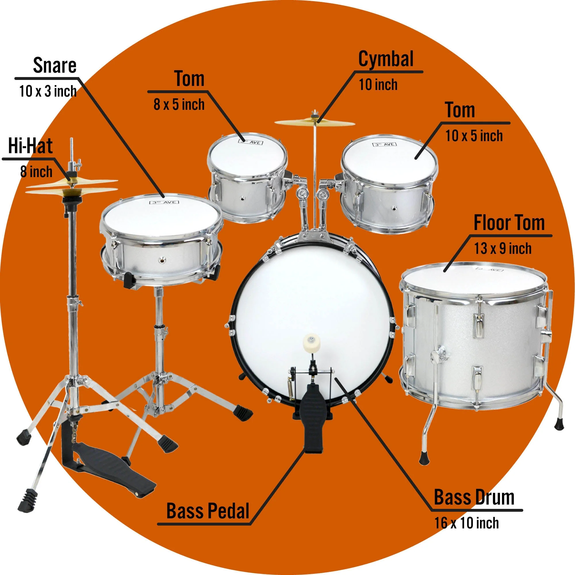 3rd Avenue 5 Piece Junior Drum Kit - Silver - Image 4