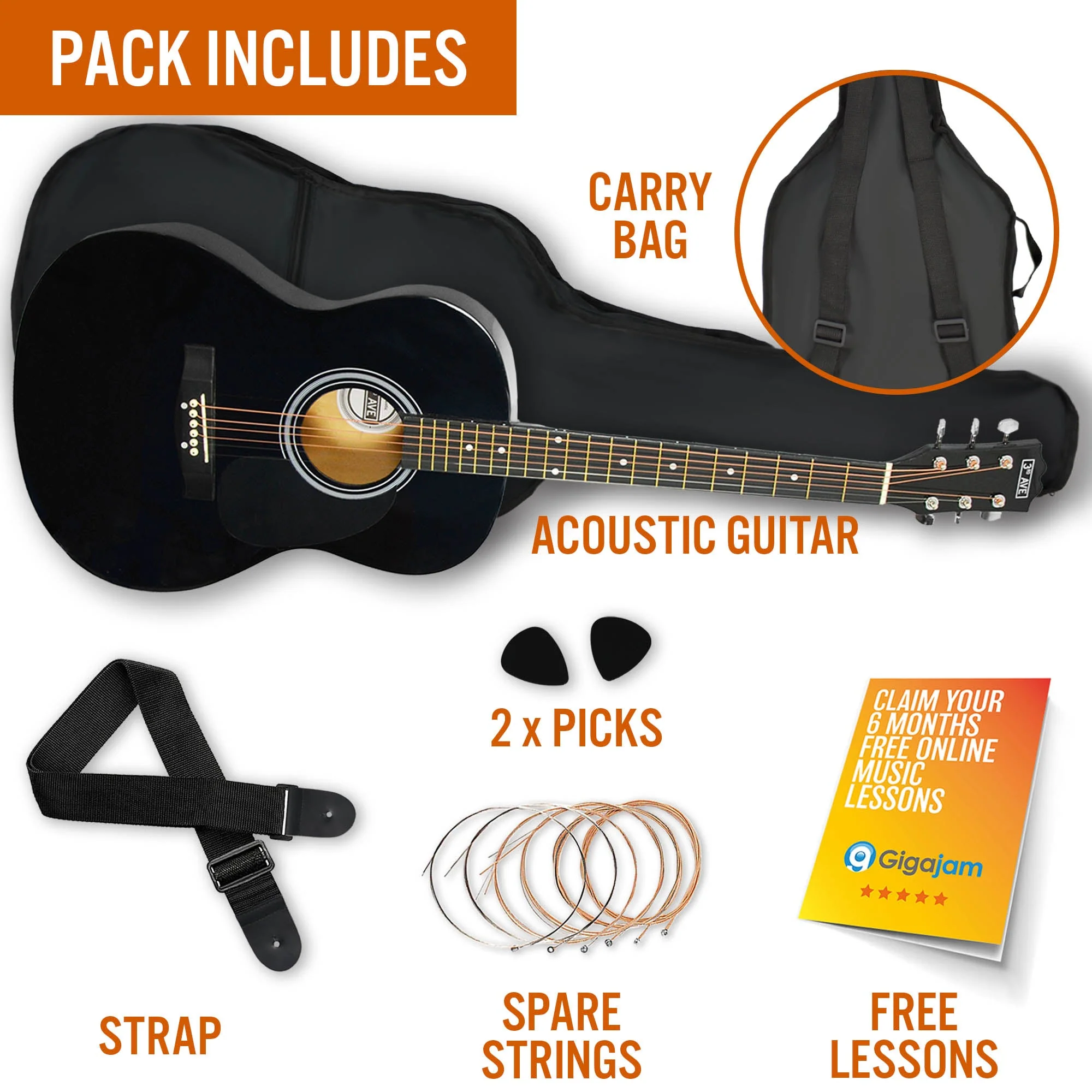 3rd Avenue Acoustic Guitar Pack - Black - Image 3