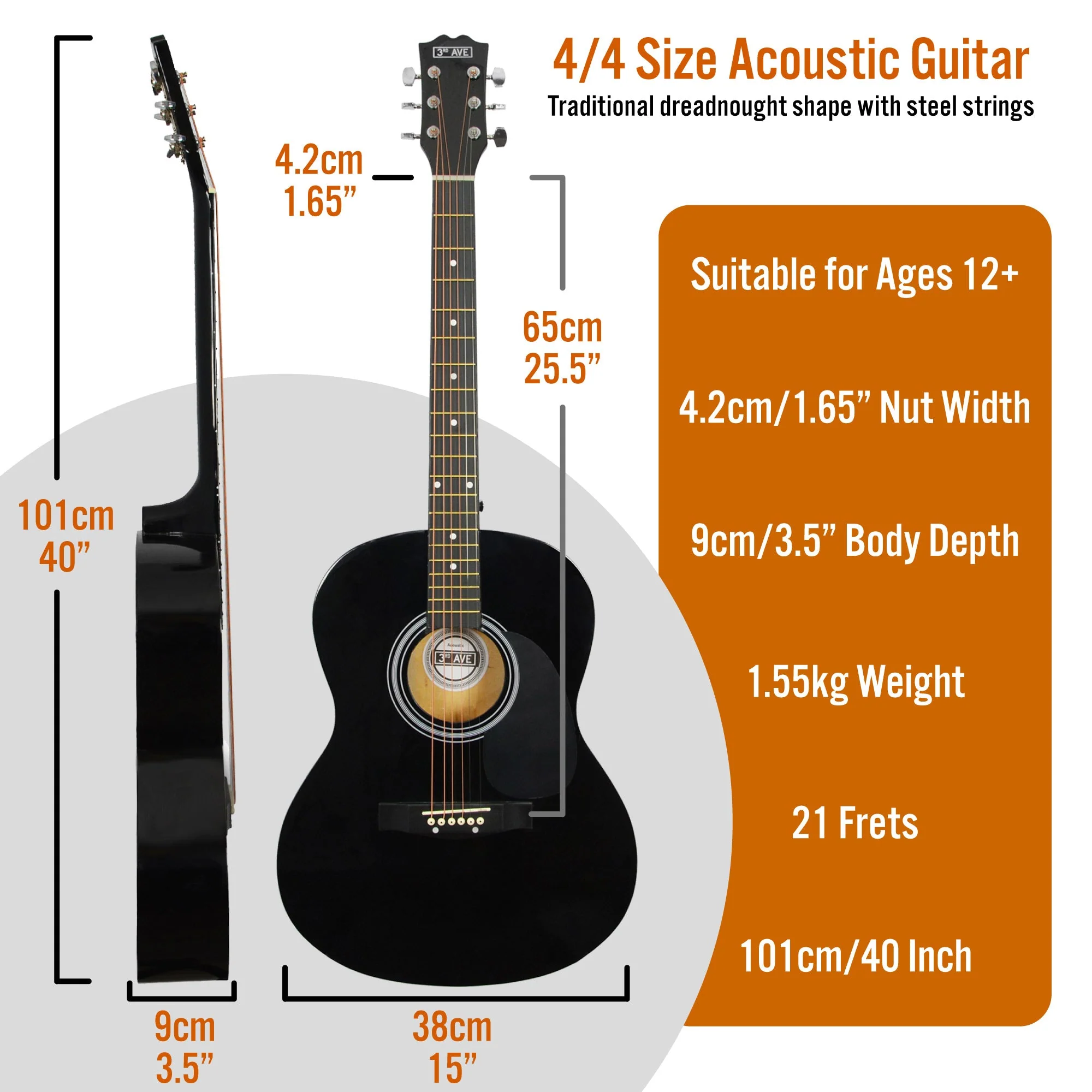 3rd Avenue Acoustic Guitar Premium Pack - Black - Image 2