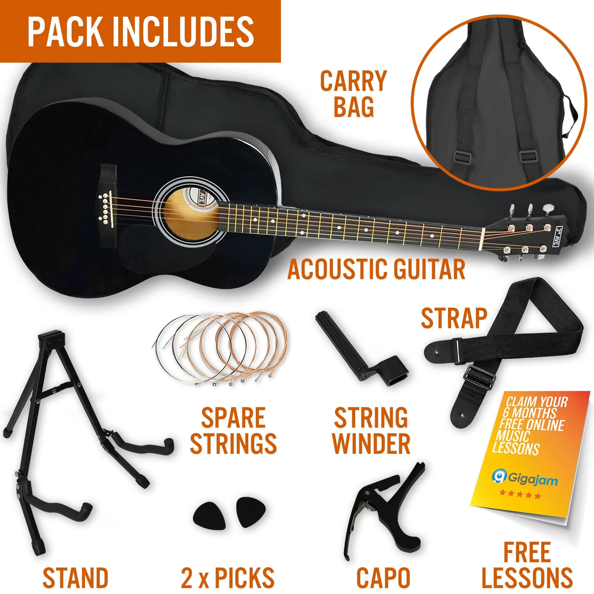 3rd Avenue Acoustic Guitar Premium Pack - Black - Image 3