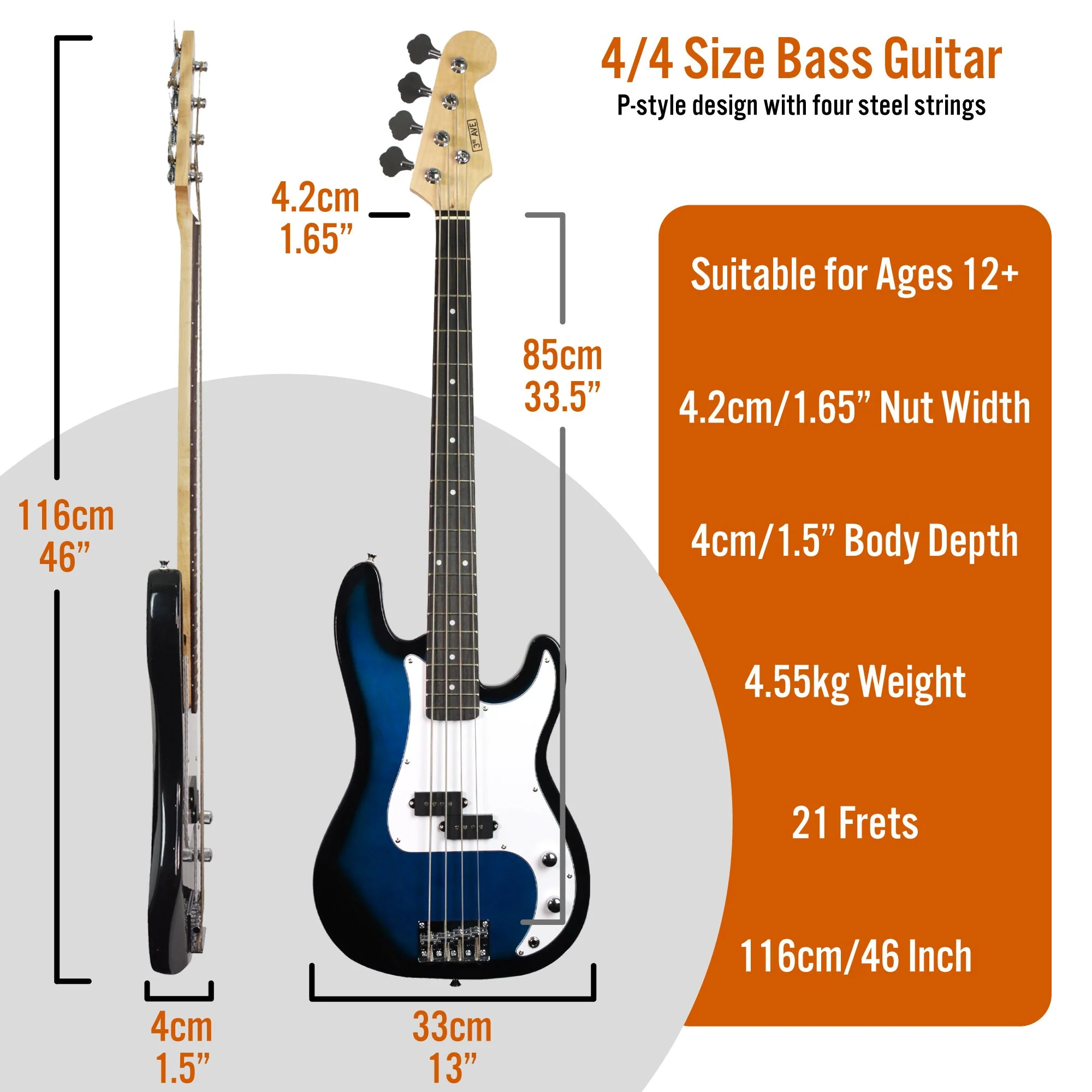 3rd Avenue Bass Guitar Starter Pack - Blueburst - Image 2