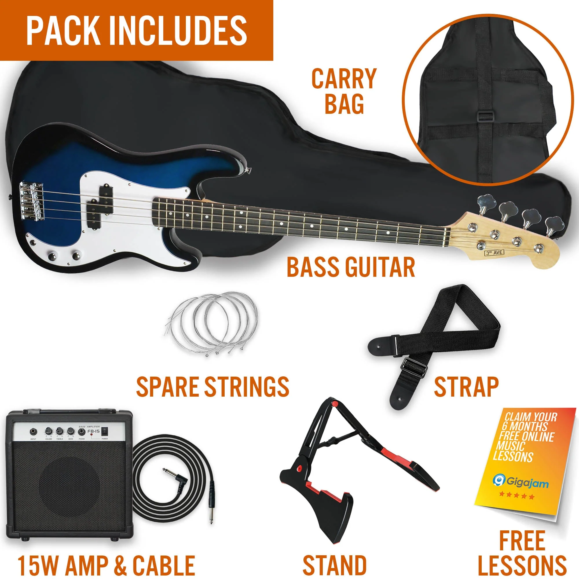 3rd Avenue Bass Guitar Starter Pack - Blueburst - Image 3