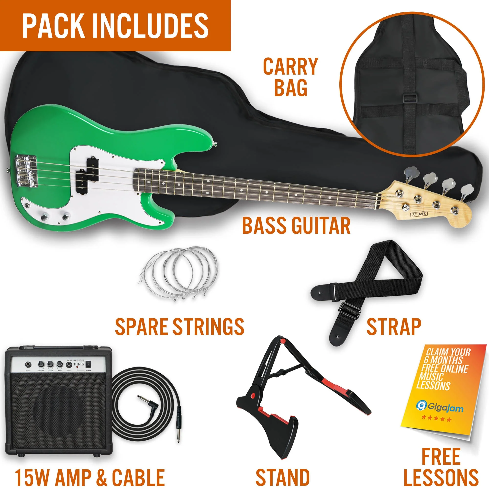 3rd Avenue Bass Guitar Starter Pack - Green - Image 3