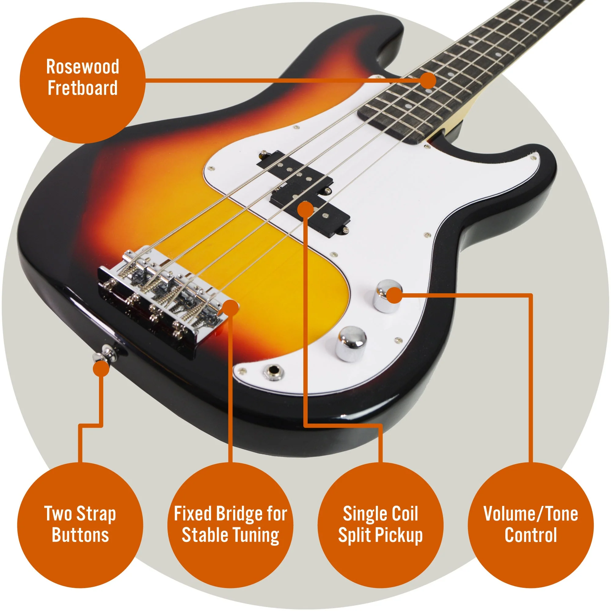 3rd Avenue Bass Guitar Starter Pack - Sunburst - Image 4