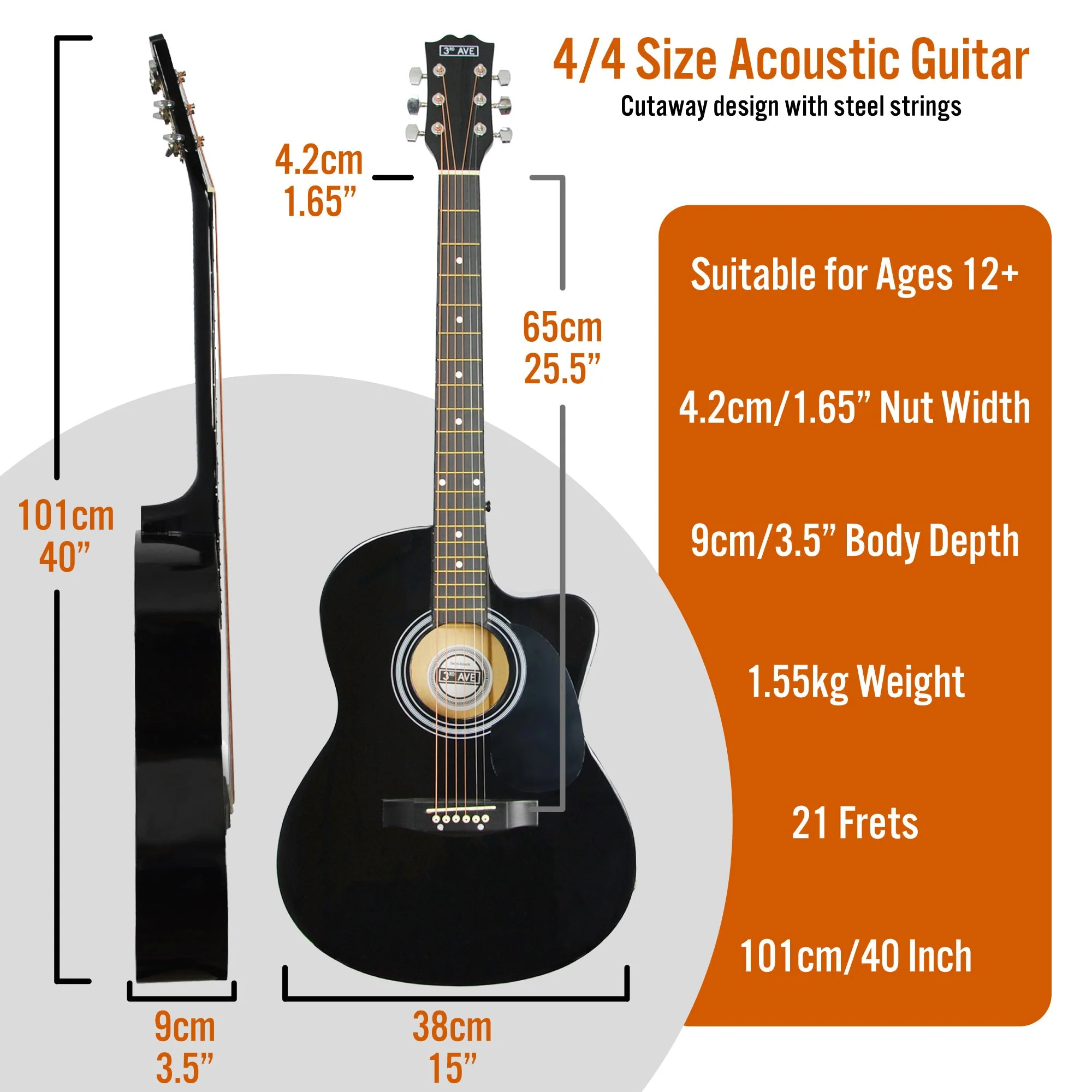 3rd Avenue Cutaway Acoustic Guitar Pack - Black - Image 2