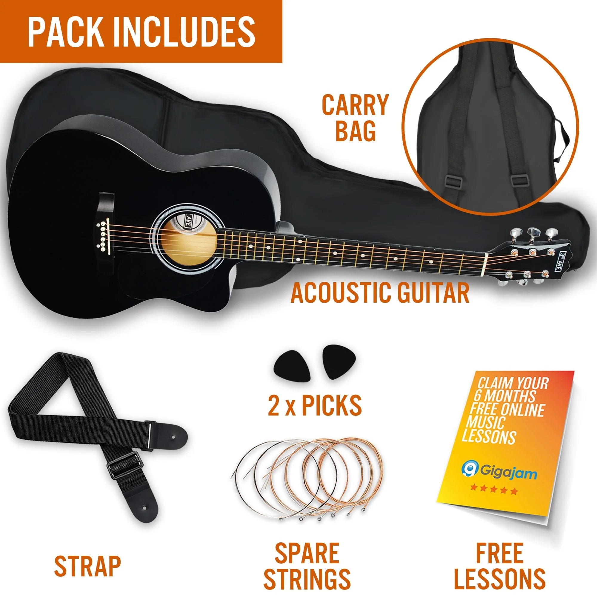 3rd Avenue Cutaway Acoustic Guitar Pack - Black - Image 3