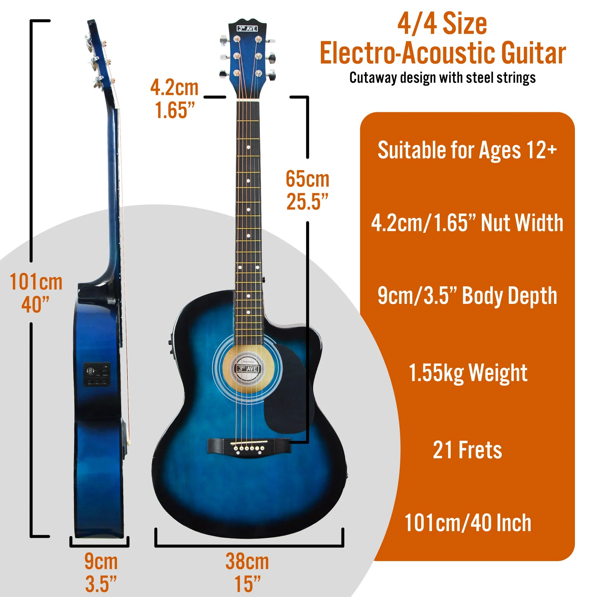 3rd Avenue Cutaway Electro Acoustic Guitar Pack - Blueburst - Image 2