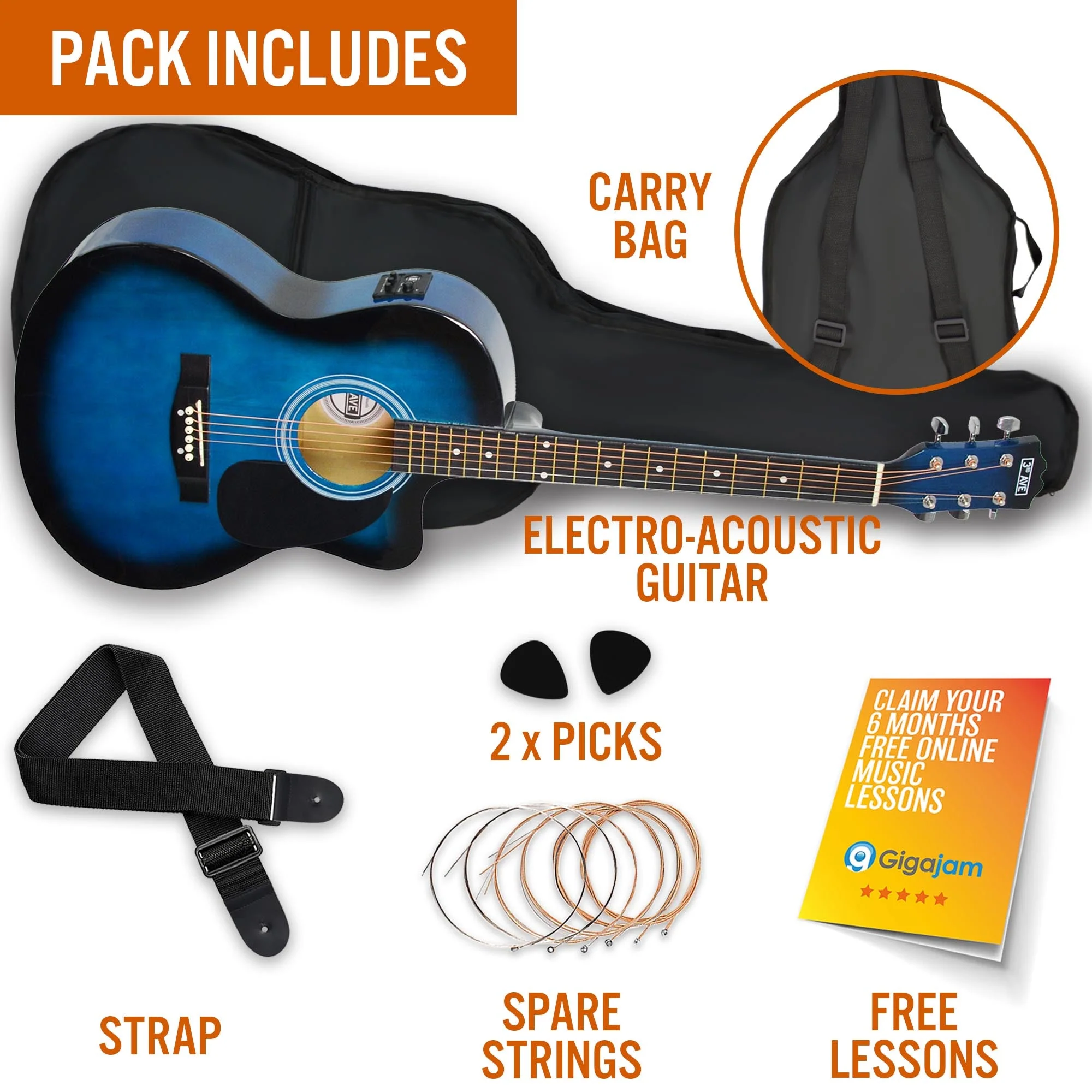 3rd Avenue Cutaway Electro Acoustic Guitar Pack - Blueburst - Image 3