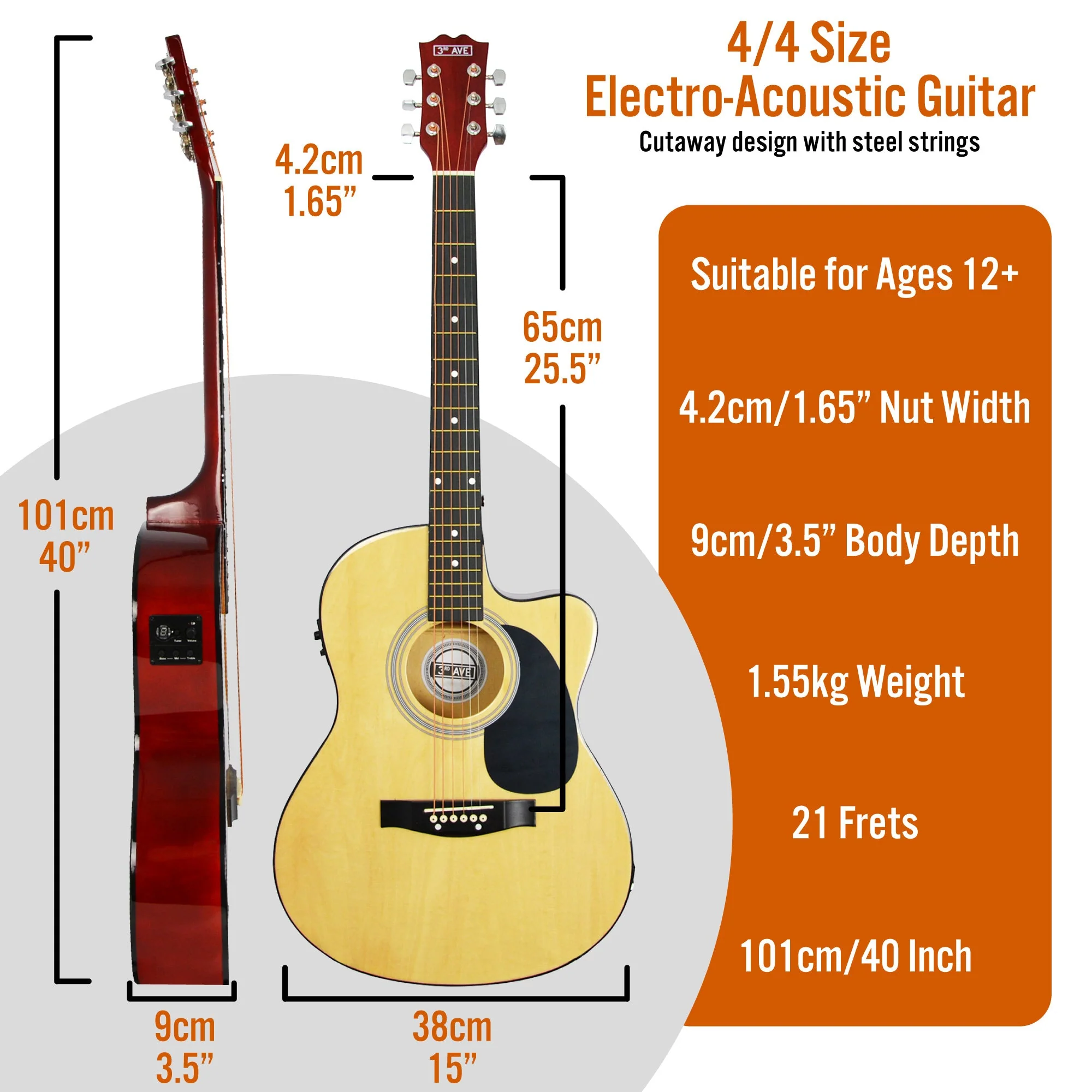 3rd Avenue Cutaway Electro Acoustic Guitar Pack - Natural - Image 2