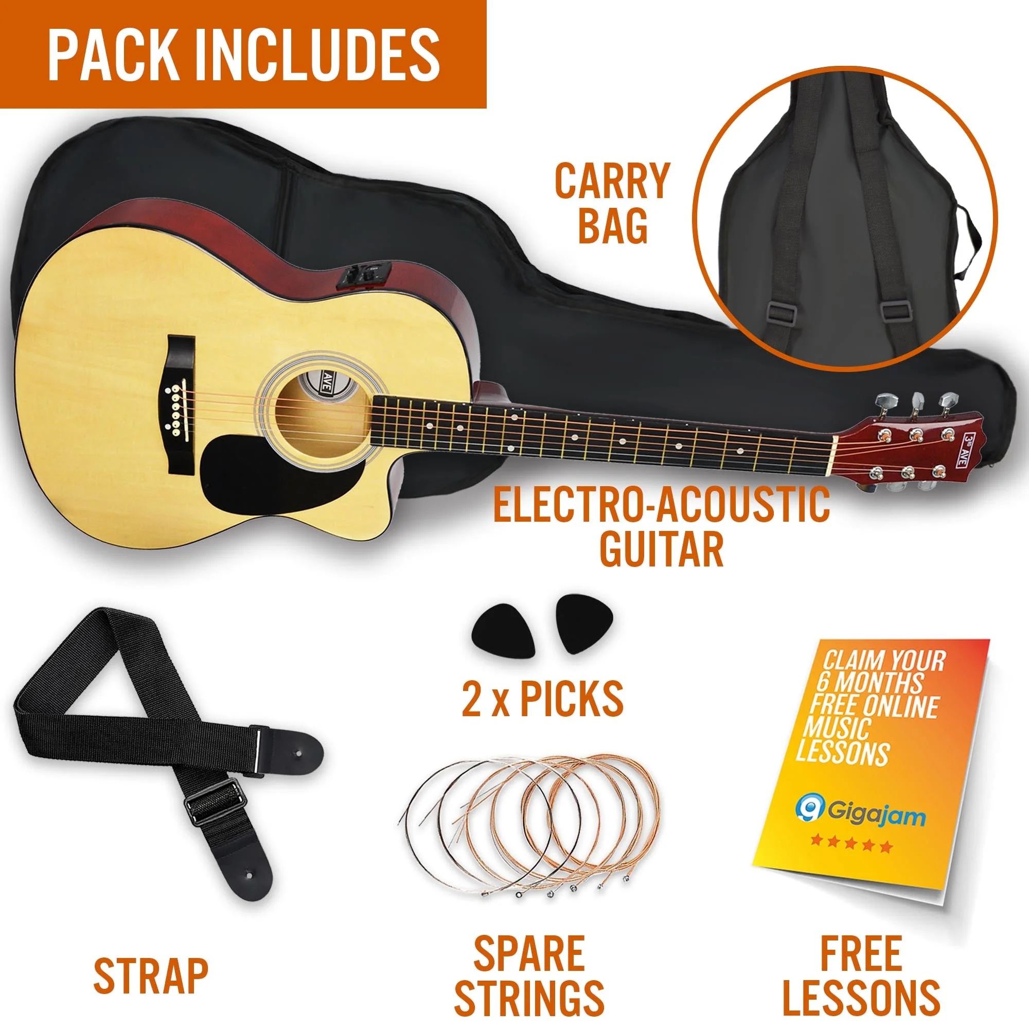 3rd Avenue Cutaway Electro Acoustic Guitar Pack - Natural - Image 3